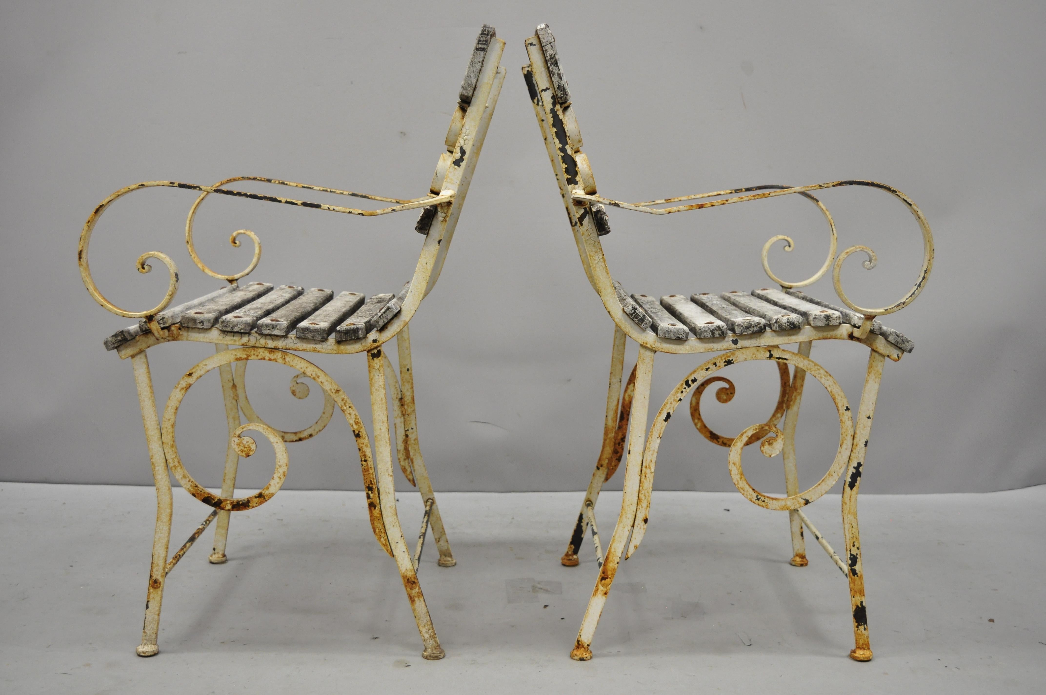 Victorian 2 French Wrought Iron Wood Slat Seat Garden Arm Chairs by Maison Provence & Fils