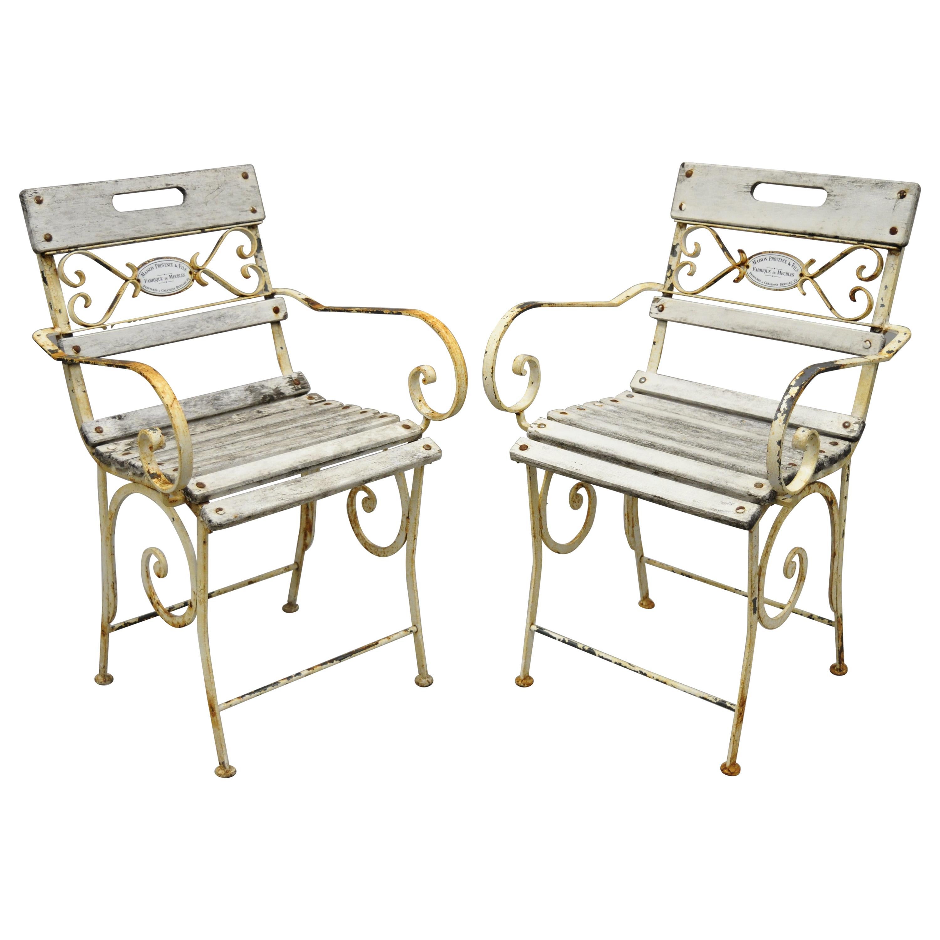 2 French Wrought Iron Wood Slat Seat Garden Arm Chairs by Maison Provence & Fils