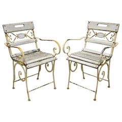 2 French Wrought Iron Wood Slat Seat Garden Arm Chairs by Maison Provence & Fils