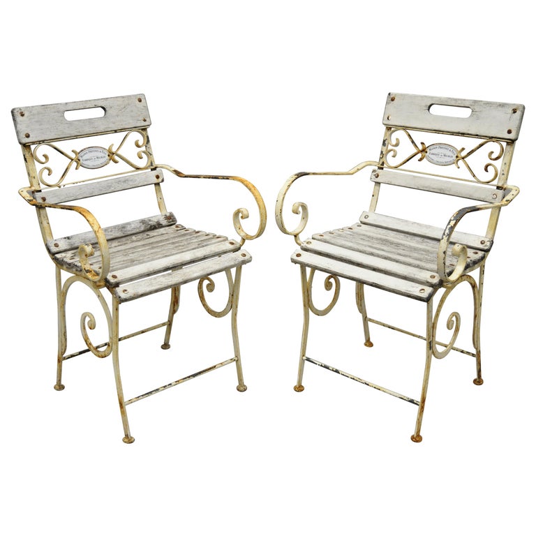 2 French Wrought Iron Wood Slat Seat, Provence Outdoor Furniture