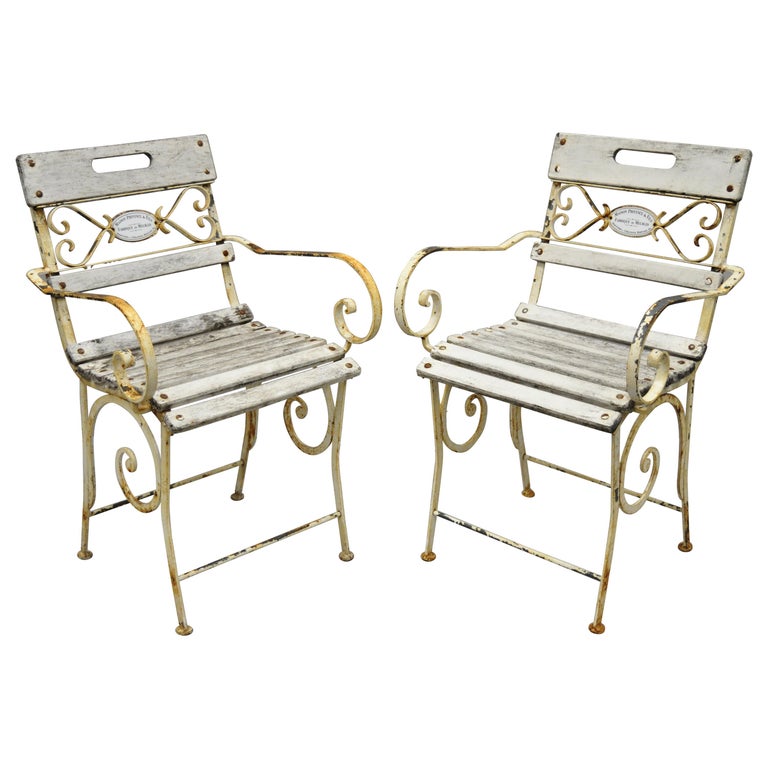2 French Wrought Iron Wood Slat Seat Garden Arm Chairs By Maison Provence And Fils At 1stdibs 2 French Wrought Iron Wood Slat Seat, Provence Outdoor Furniture
