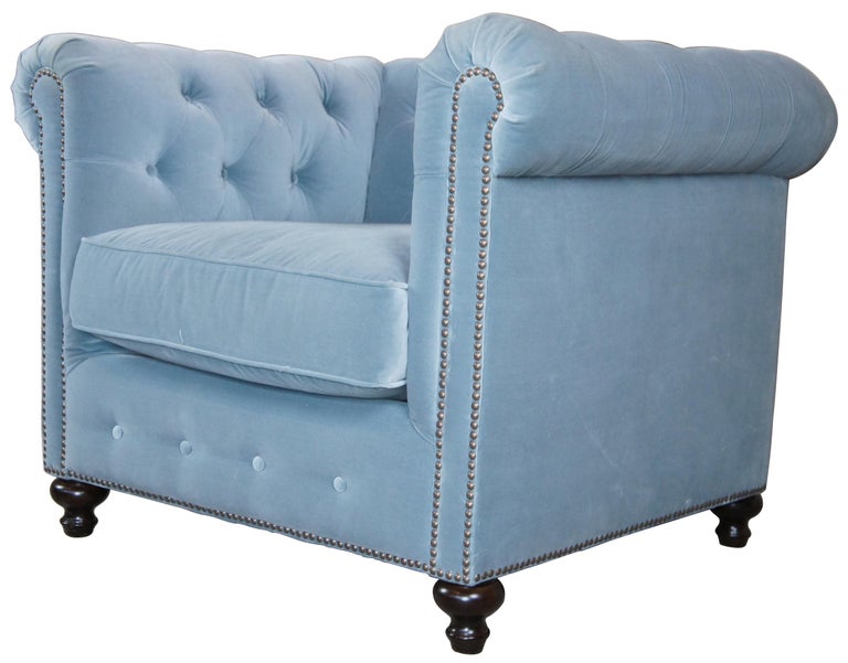 2 Frontgate Barrow Chesterfield Tufted Club Library Chairs Blue