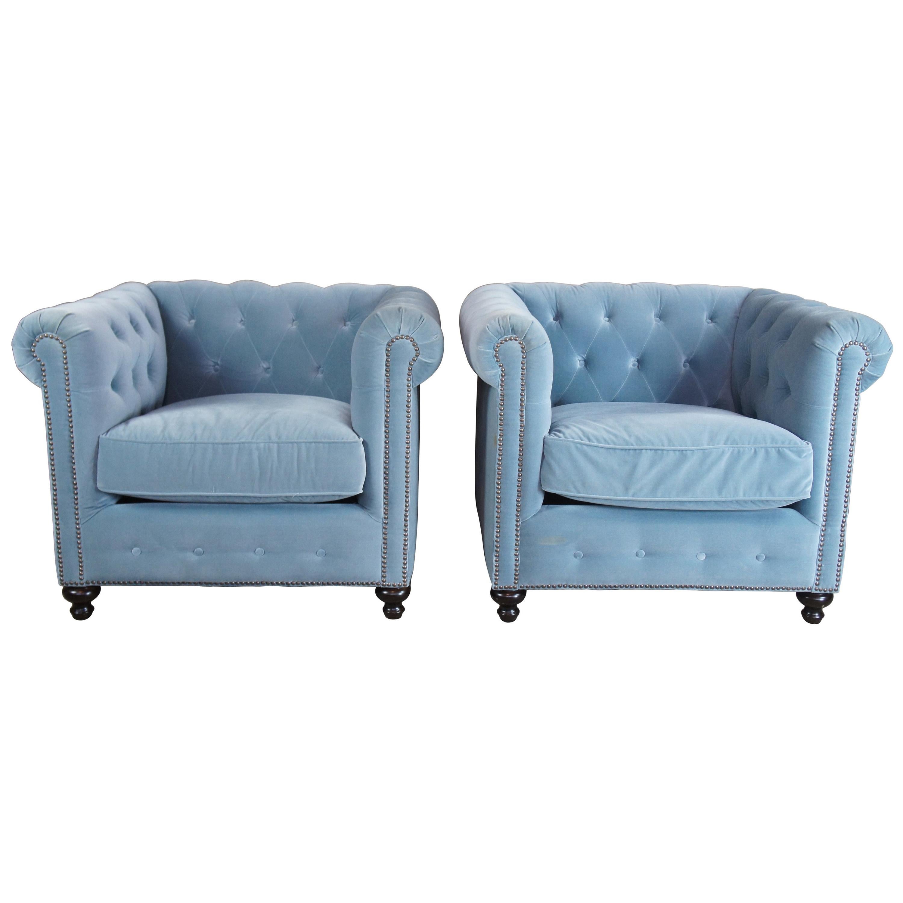 2 Frontgate Barrow Chesterfield Tufted Club Library Chairs Blue Nailhead Modern