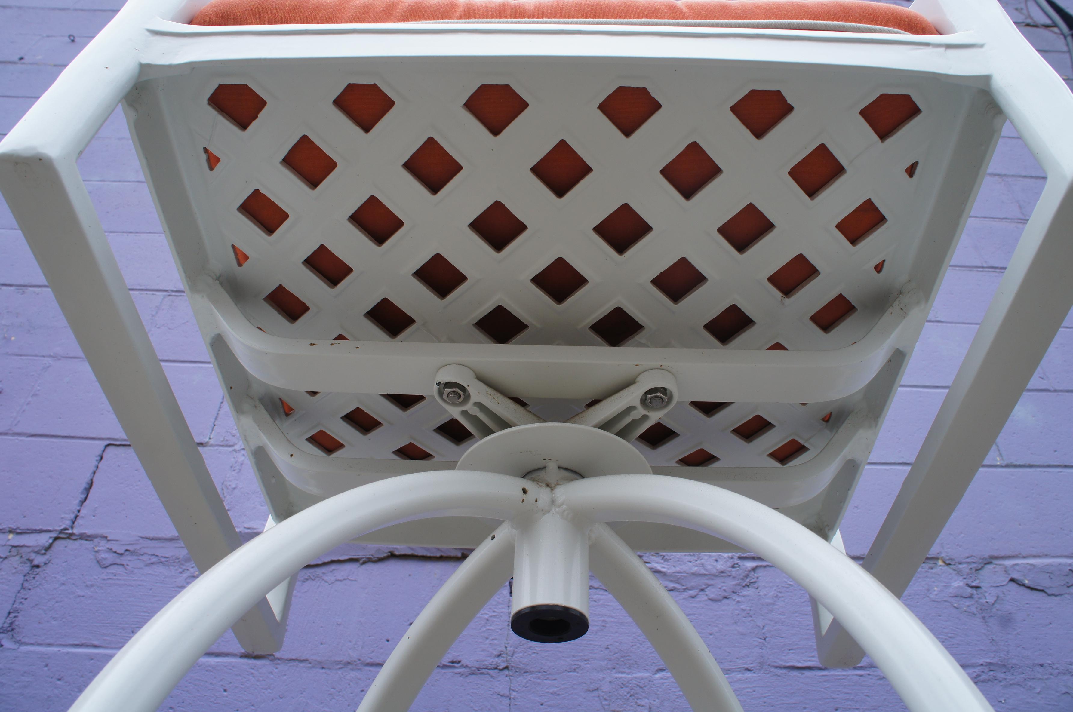 2 Frontgate Grayson Swivel Bar Stools White Aluminum Lattice Design Orange Seat 5