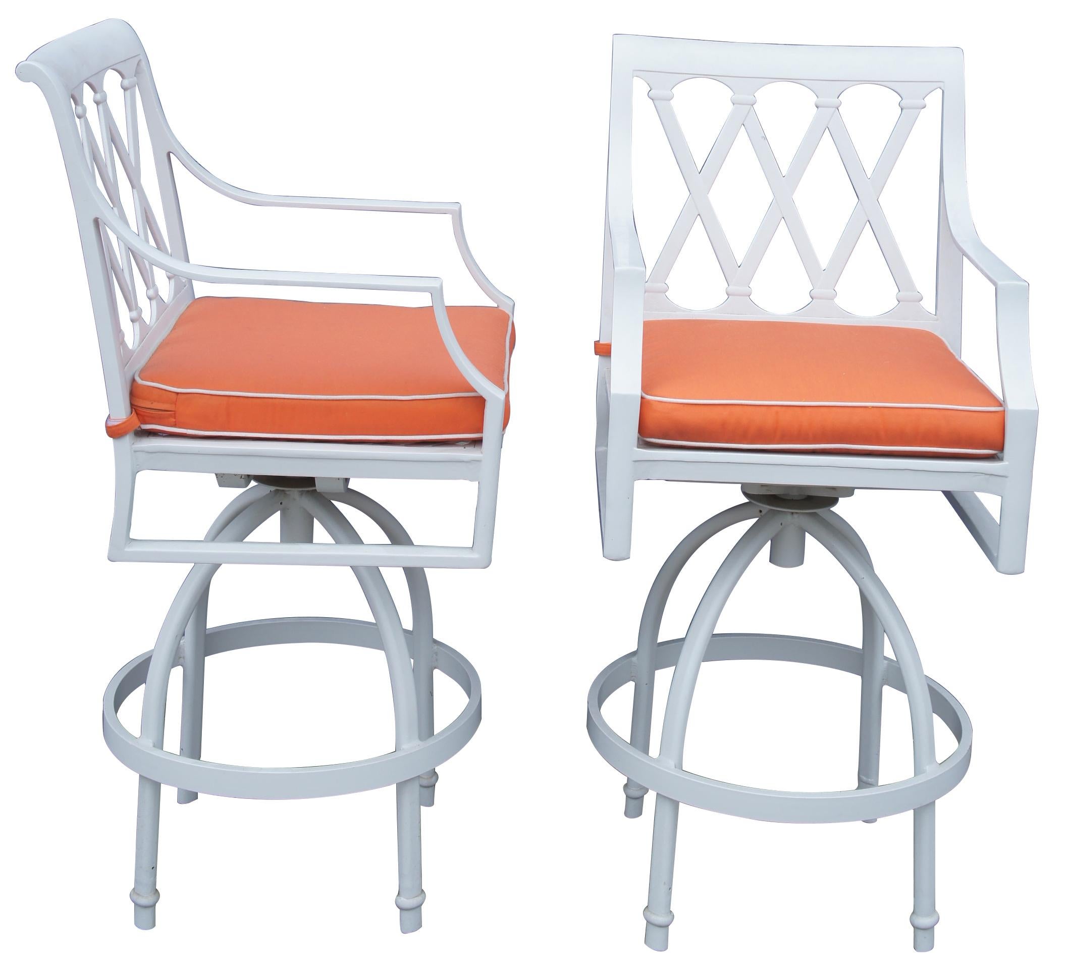 2 Frontgate Grayson swivel bar stools white aluminum Lattice design orange seat

