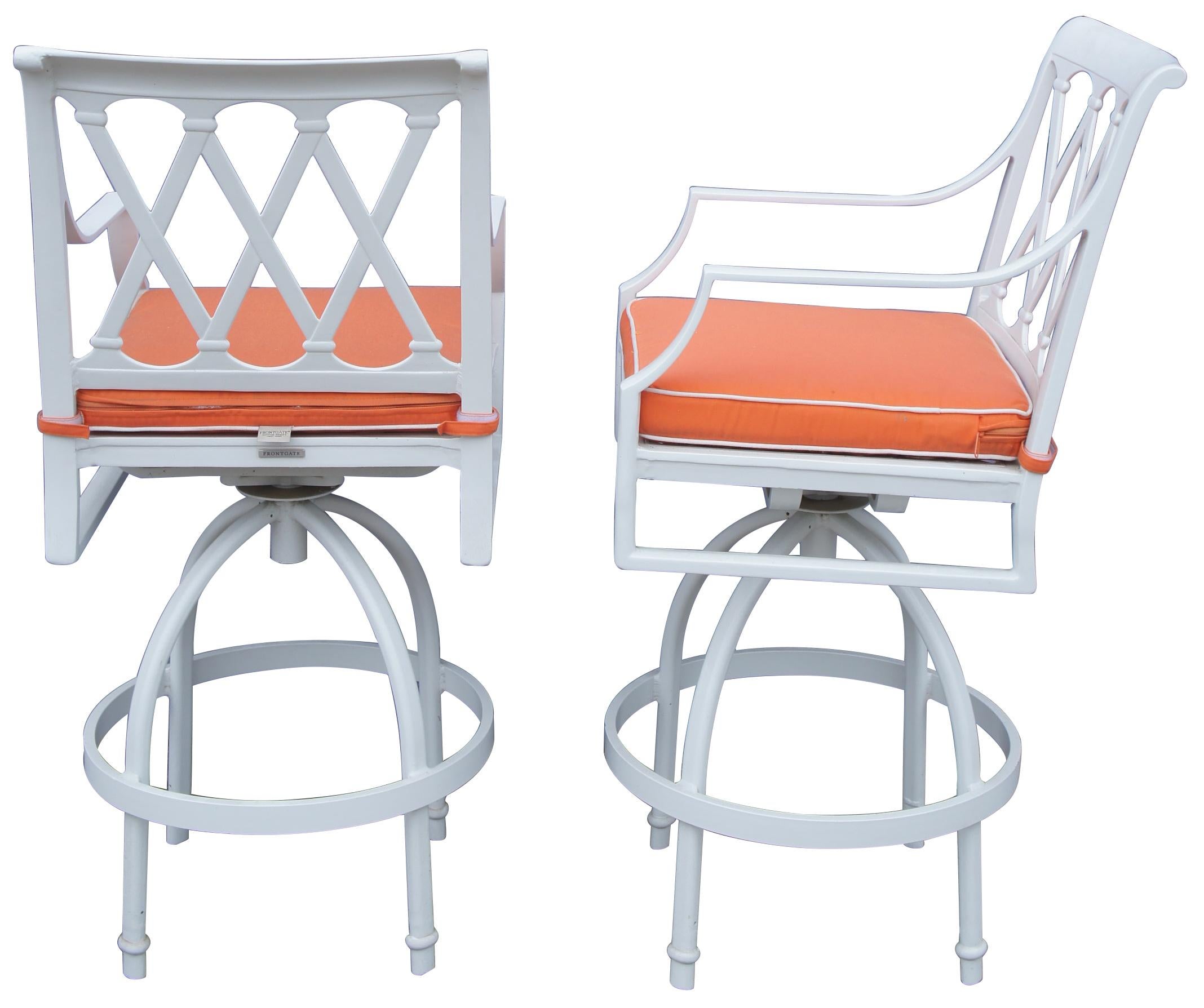 French Provincial 2 Frontgate Grayson Swivel Bar Stools White Aluminum Lattice Design Orange Seat
