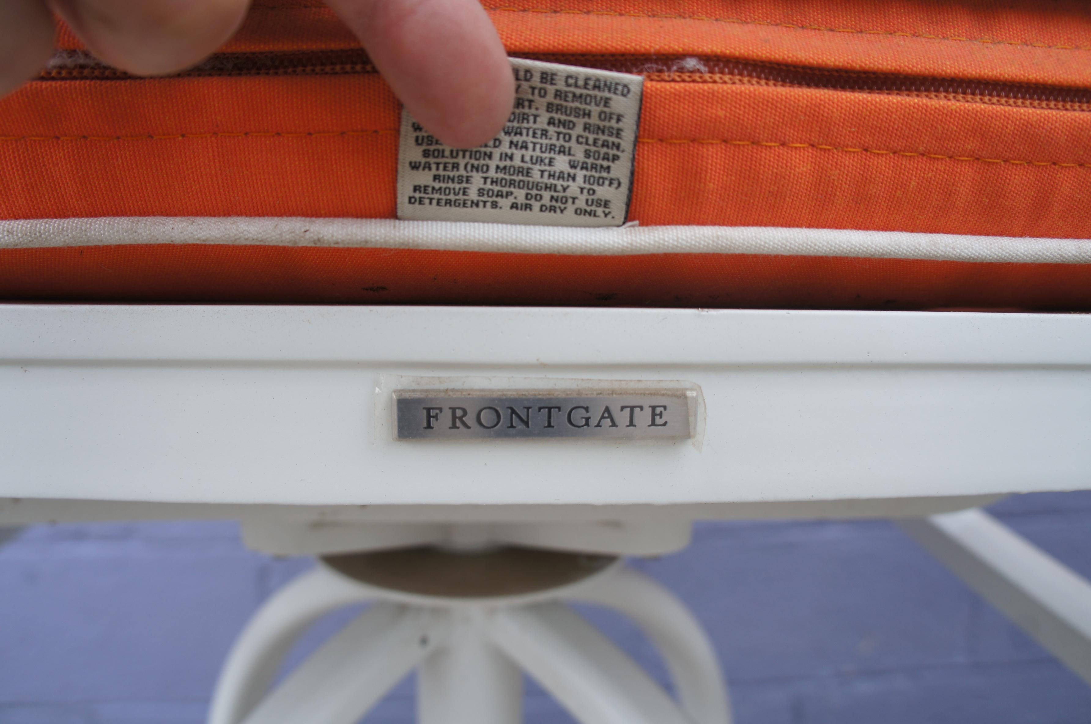 2 Frontgate Grayson Swivel Bar Stools White Aluminum Lattice Design Orange Seat In Good Condition In Dayton, OH