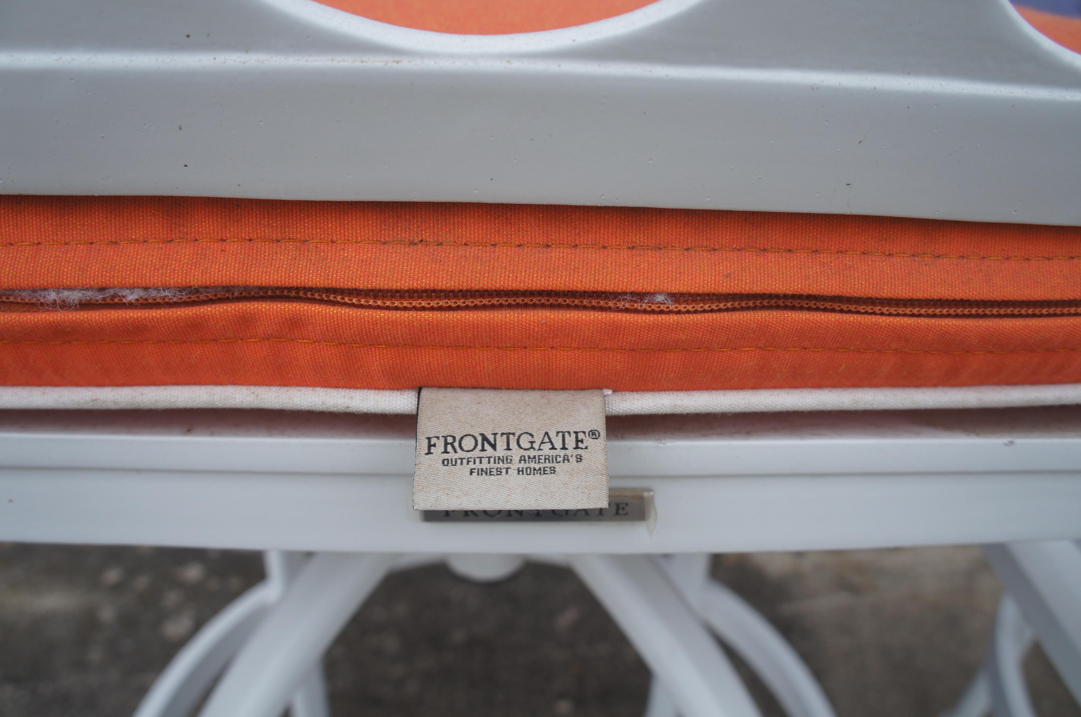 2 Frontgate Grayson Swivel Bar Stools White Aluminum Lattice Design Orange Seat 1