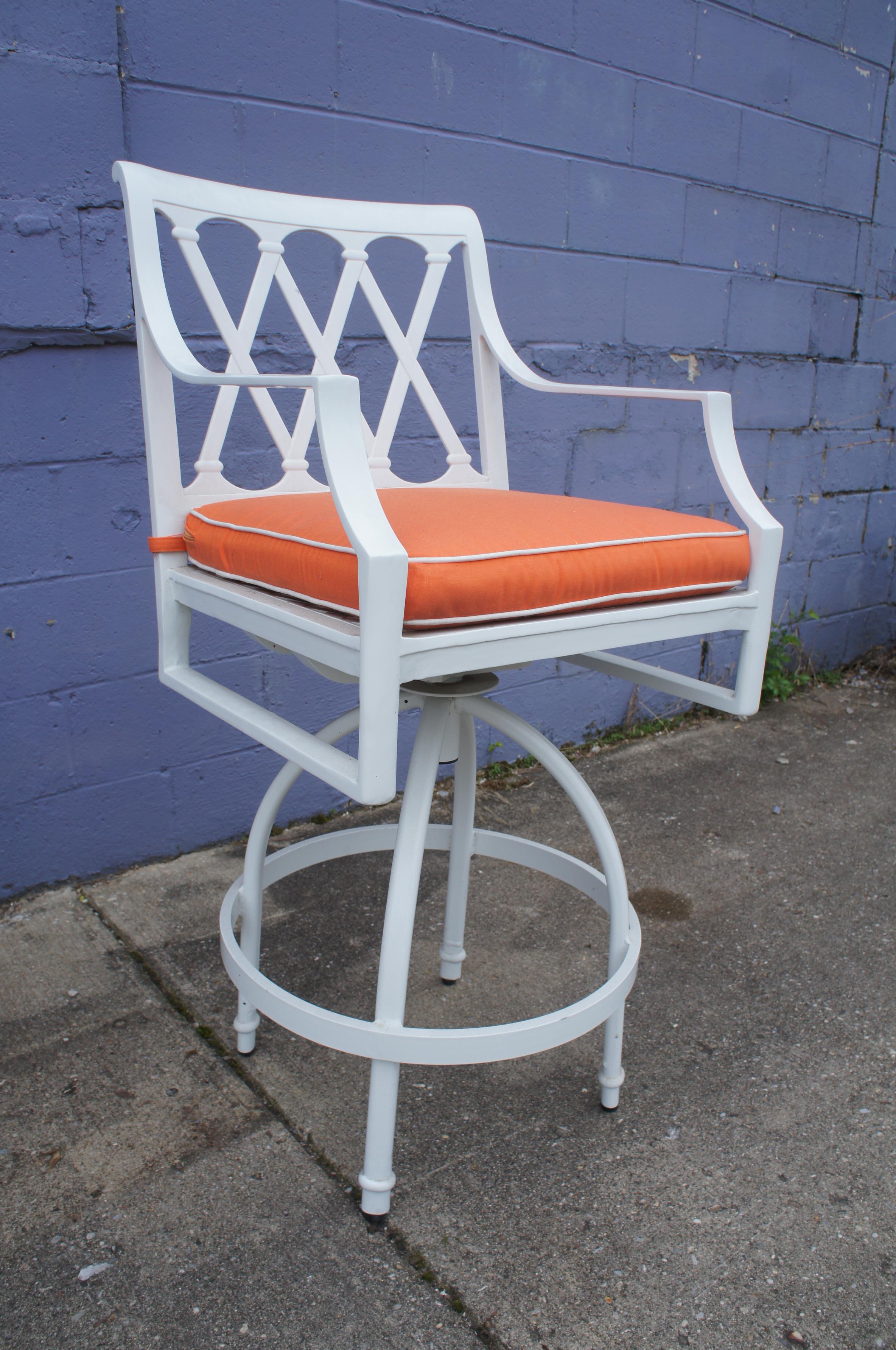 2 Frontgate Grayson Swivel Bar Stools White Aluminum Lattice Design Orange Seat 2