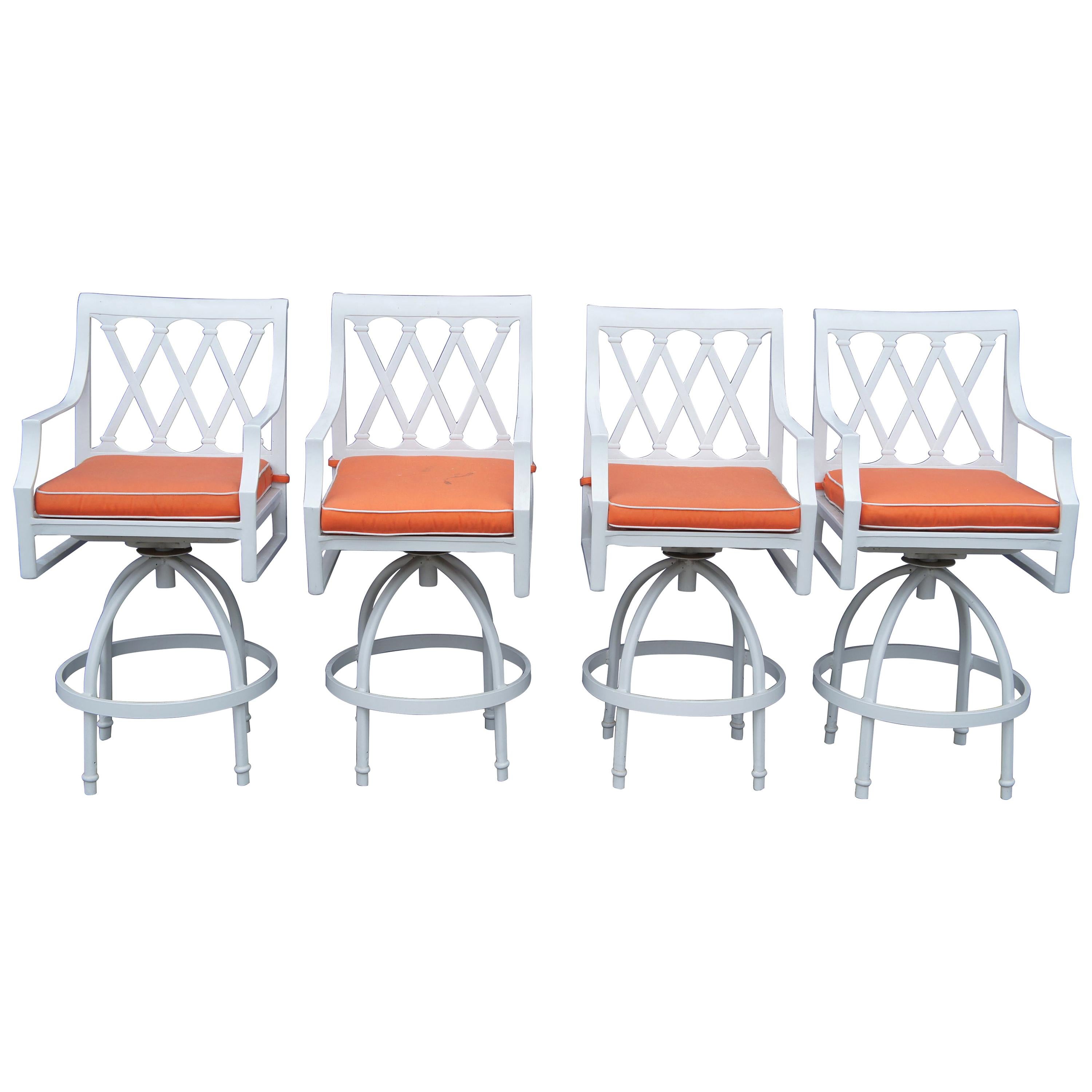 2 Frontgate Grayson Swivel Bar Stools White Aluminum Lattice Design Orange Seat