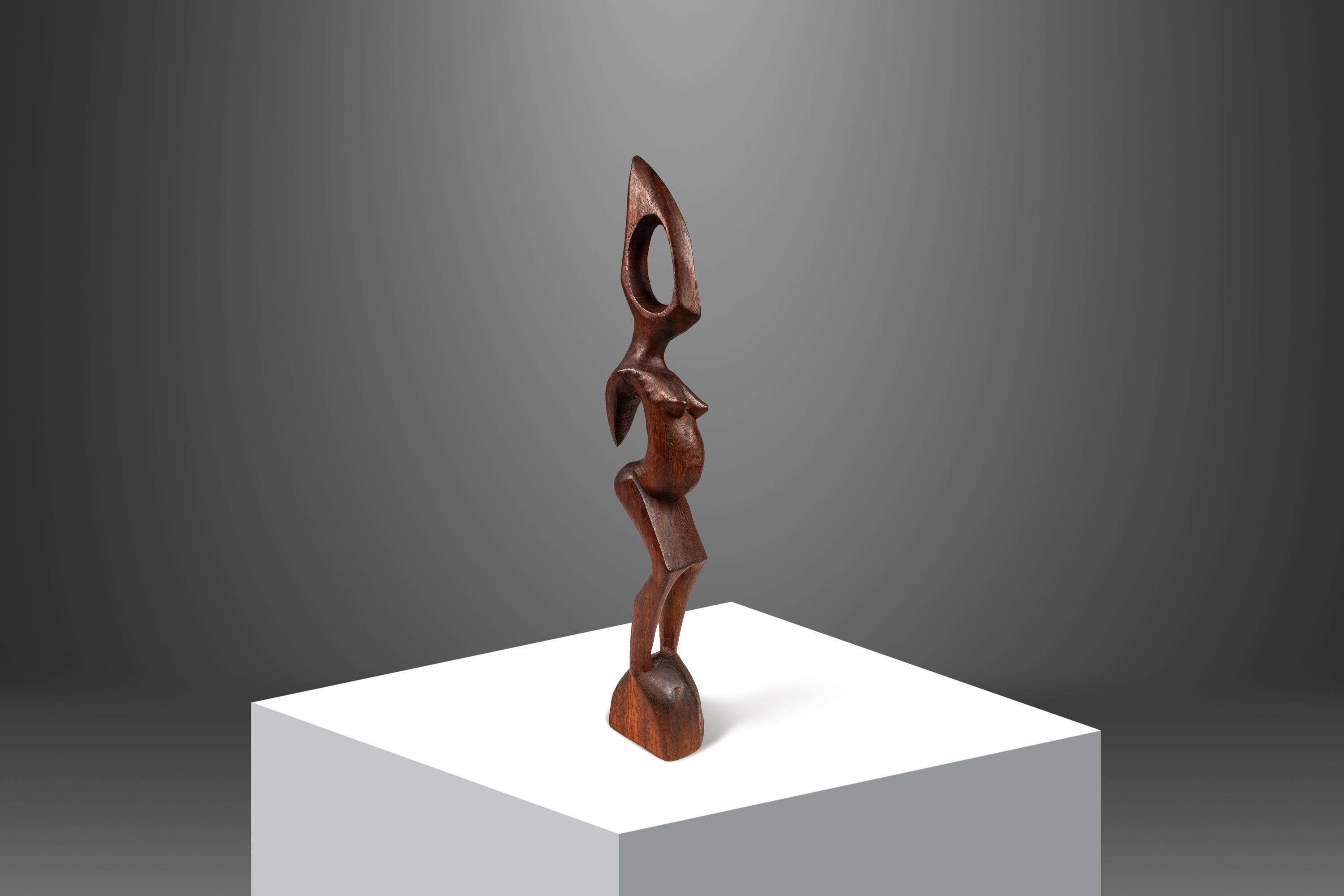Mogano 2 ft Pregnant Humanoid Sculpture Carved from Solid Mahogany, West Africa, 1970's in vendita