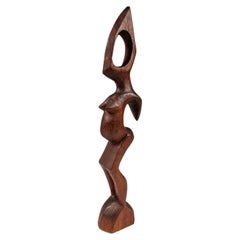 2 ft Pregnant Humanoid Sculpture Carved from Solid Mahogany, West Africa, 1970's