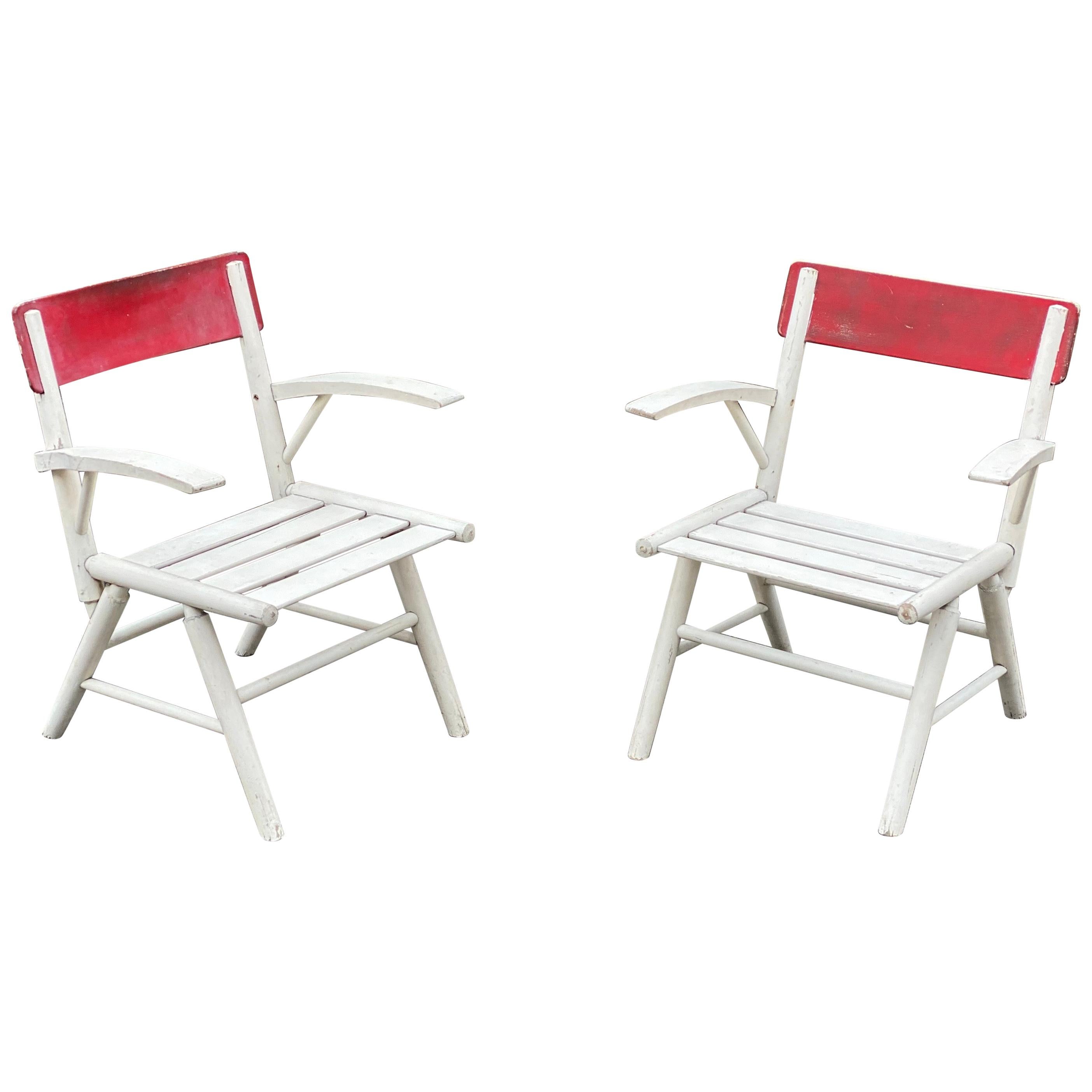 2 Garden or Veranda Armchairs in Lacquered Wood, circa 1950-1960 For Sale