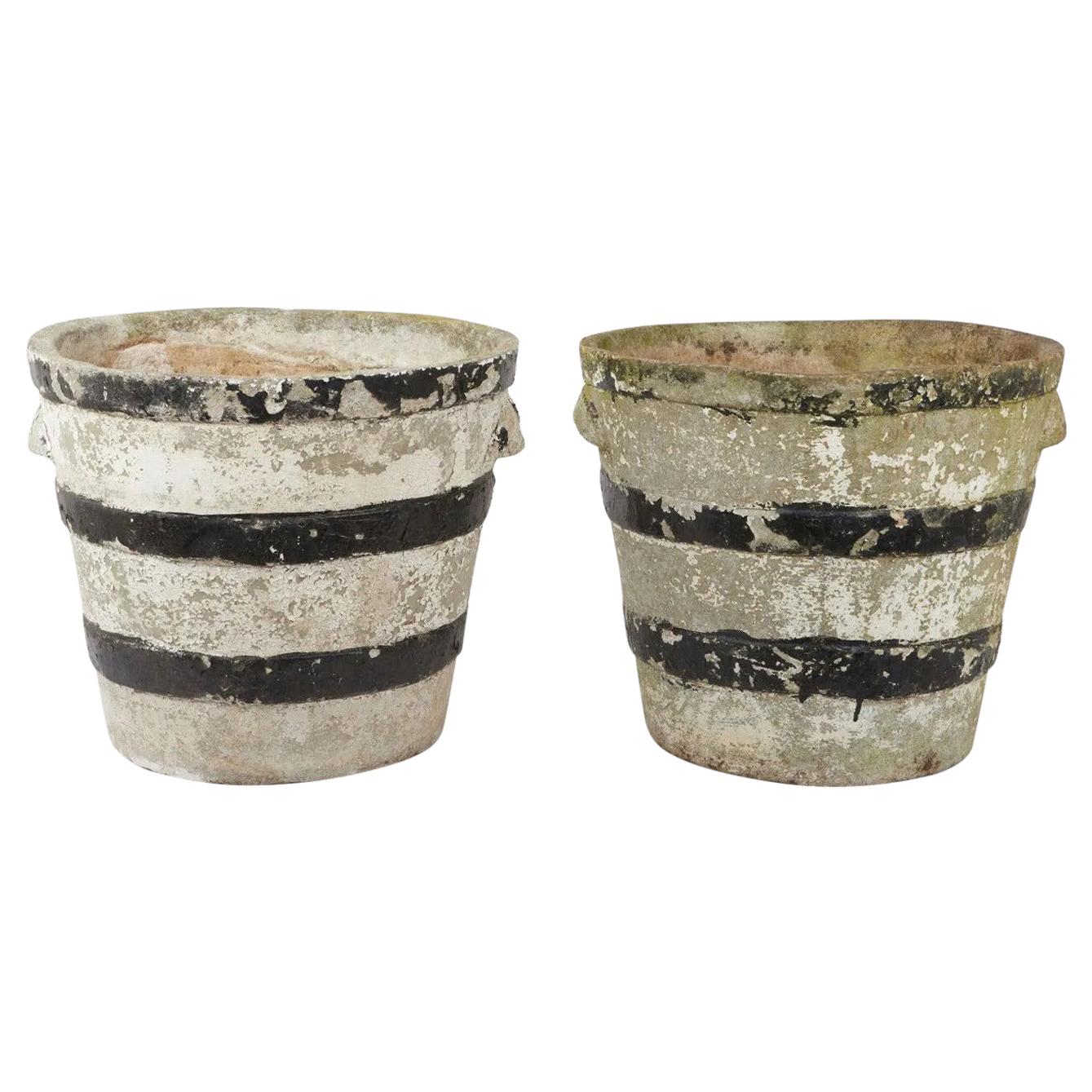 2 Garden Pots in White Painted Concrete, Black Striped, circa 1930/1950