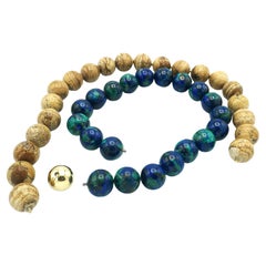 Vintage 2 Gemstone necklace Azurite-Malachite, Jasper, 24 Carat gold ball lock for both