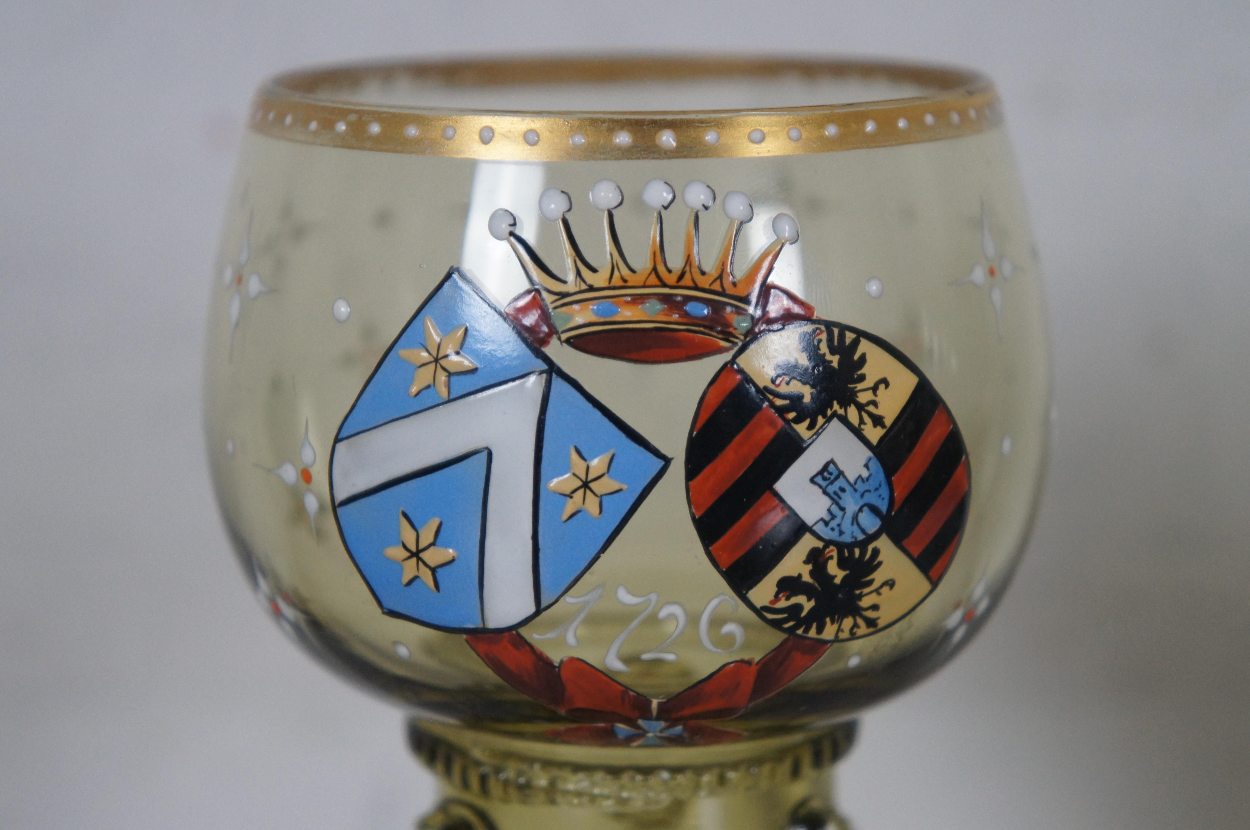 2 German Enameled Heraldic Green Glass Rummer Punt Wine Goblets en venta 5
