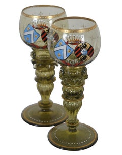 2 German Enameled Heraldic Green Glass Rummer Punt Wine Goblets