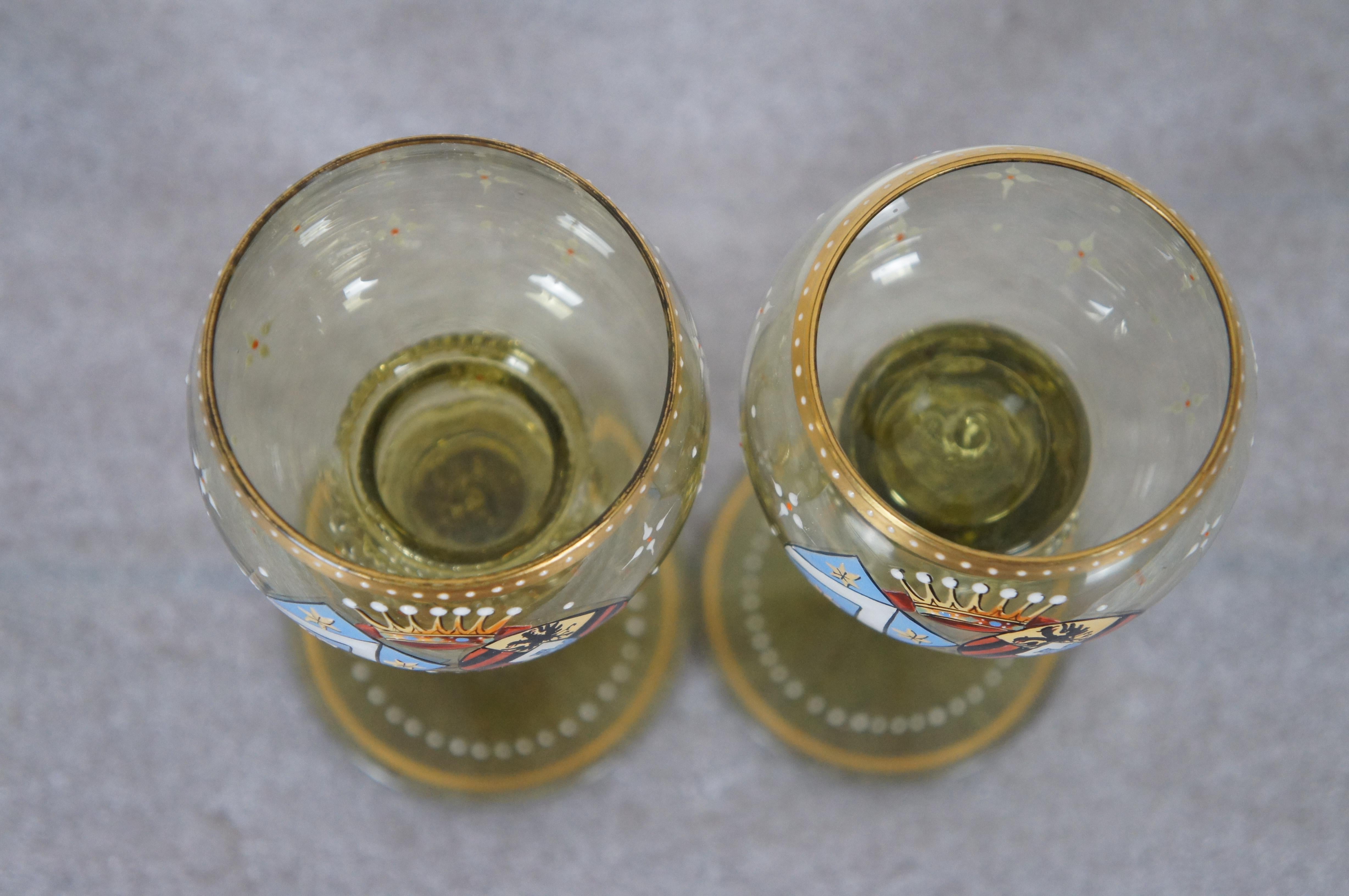 20th Century 2 German Enameled Heraldic Green Glass Rummer Punt Wine Goblets For Sale