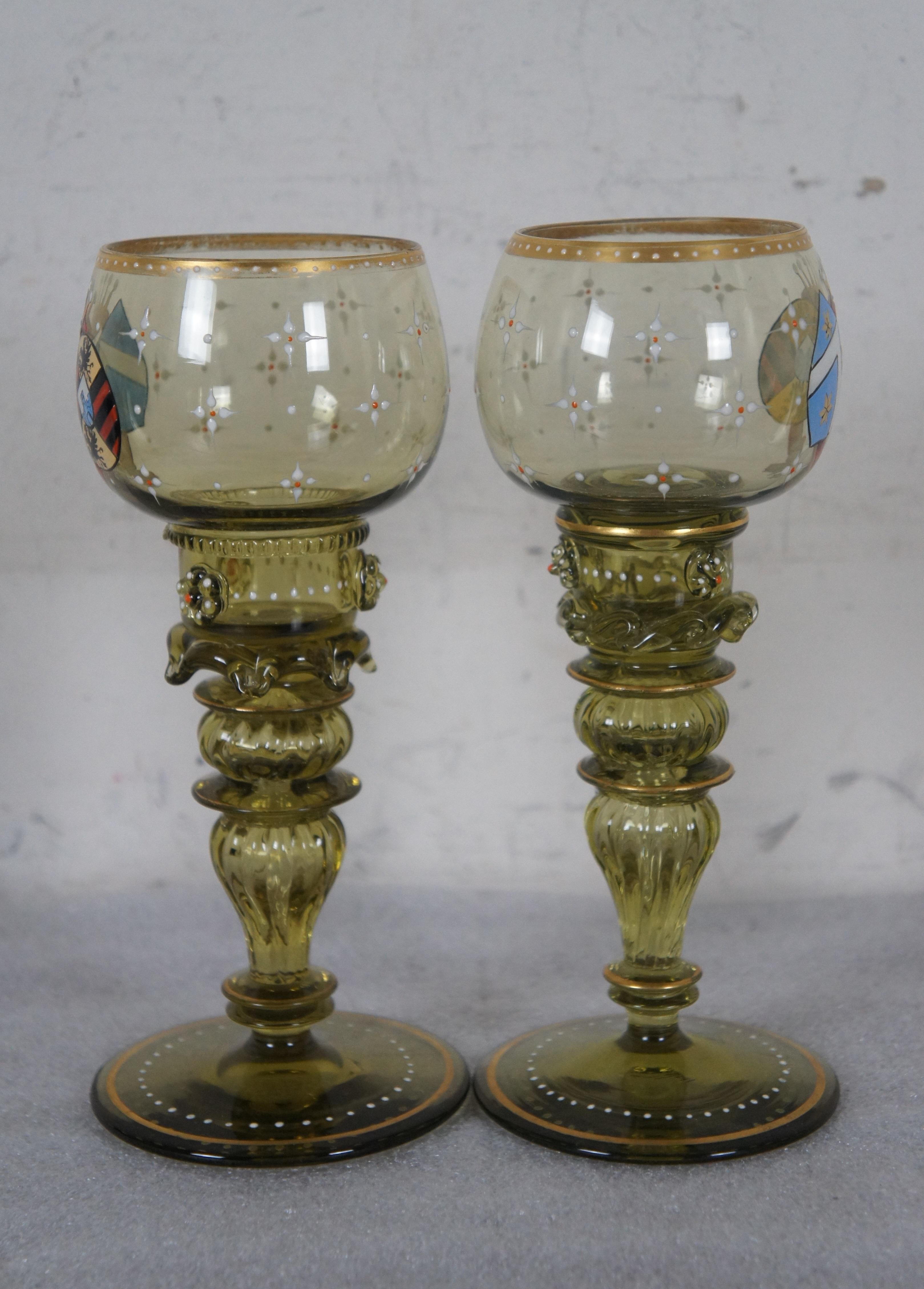 2 German Enameled Heraldic Green Glass Rummer Punt Wine Goblets For Sale 1