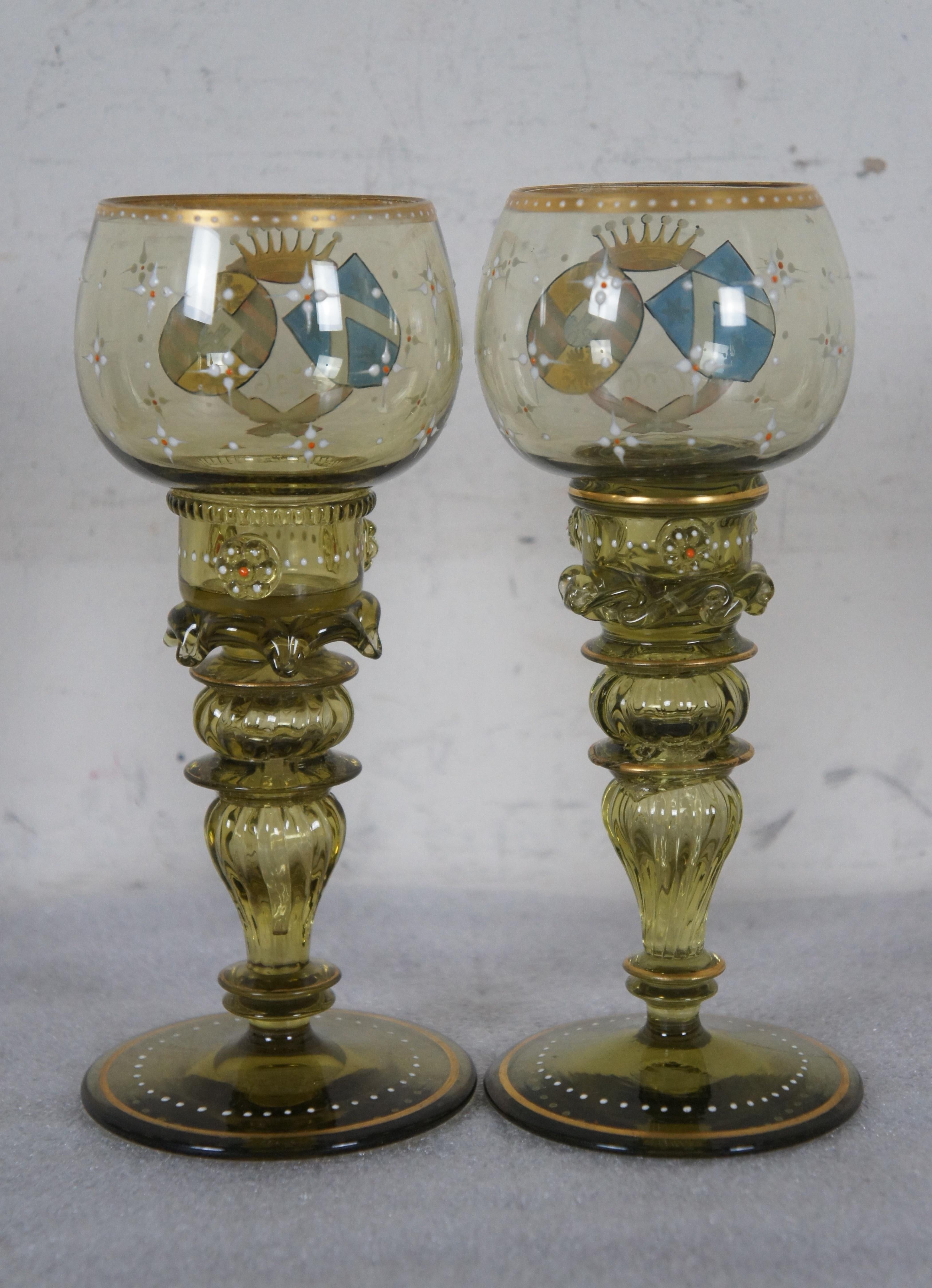 2 German Enameled Heraldic Green Glass Rummer Punt Wine Goblets For Sale 2