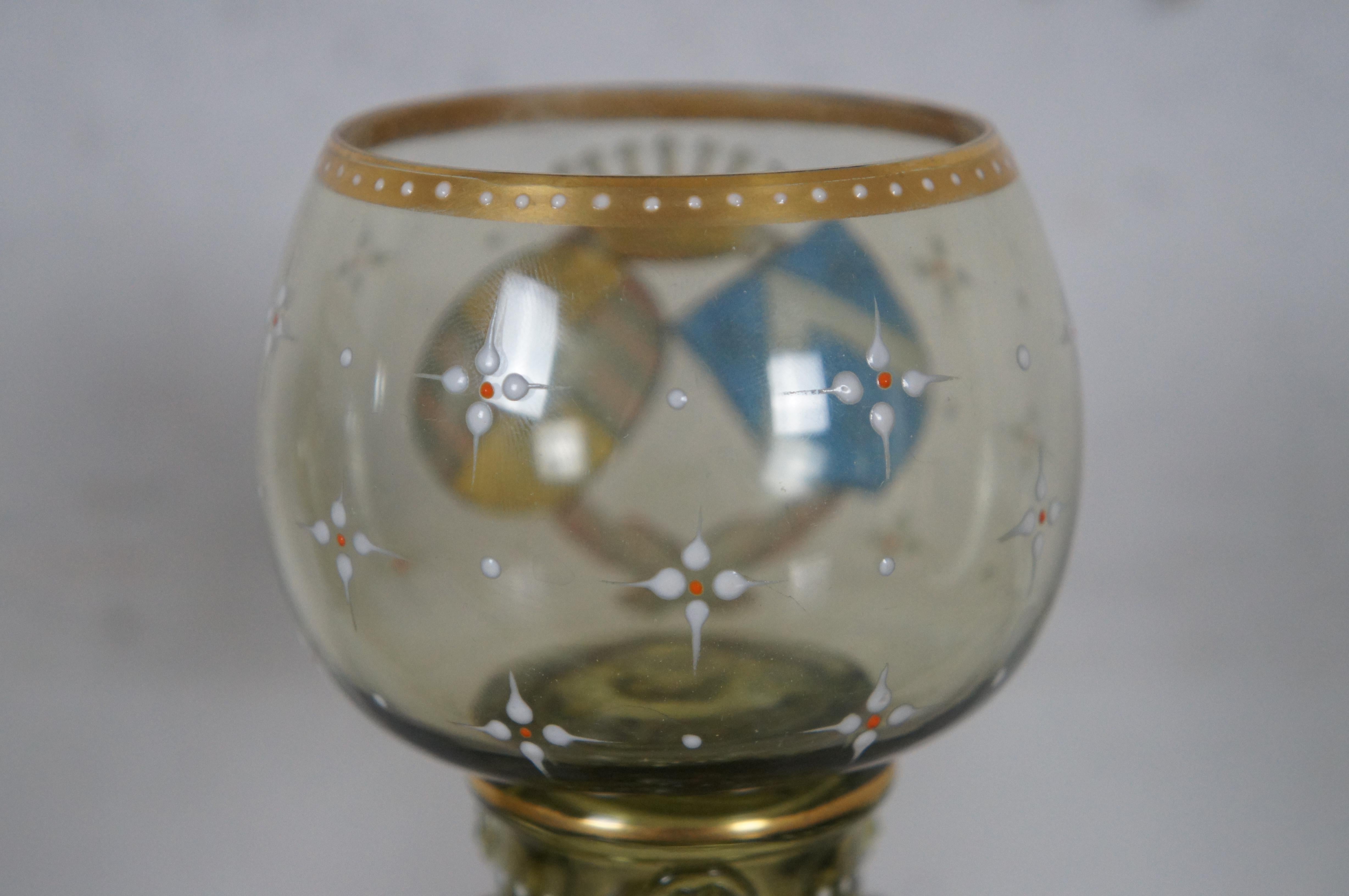 2 German Enameled Heraldic Green Glass Rummer Punt Wine Goblets en venta 3
