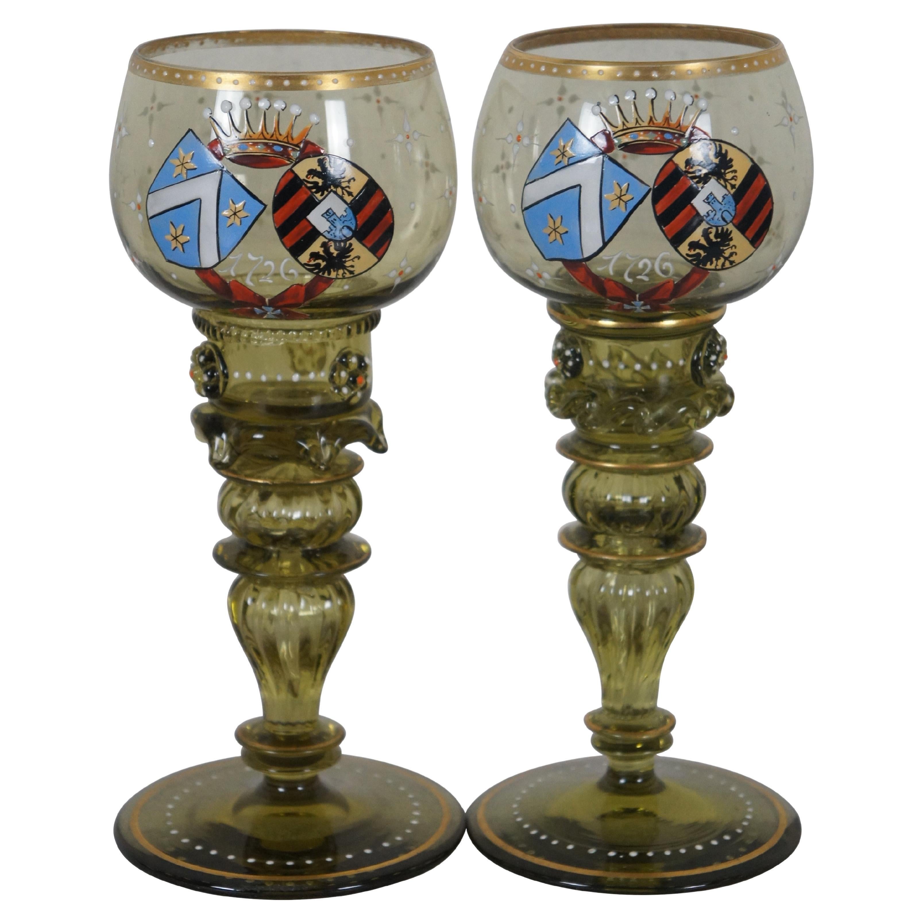 2 German Enameled Heraldic Green Glass Rummer Punt Wine Goblets