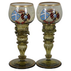 2 German Enameled Heraldic Green Glass Rummer Punt Wine Goblets