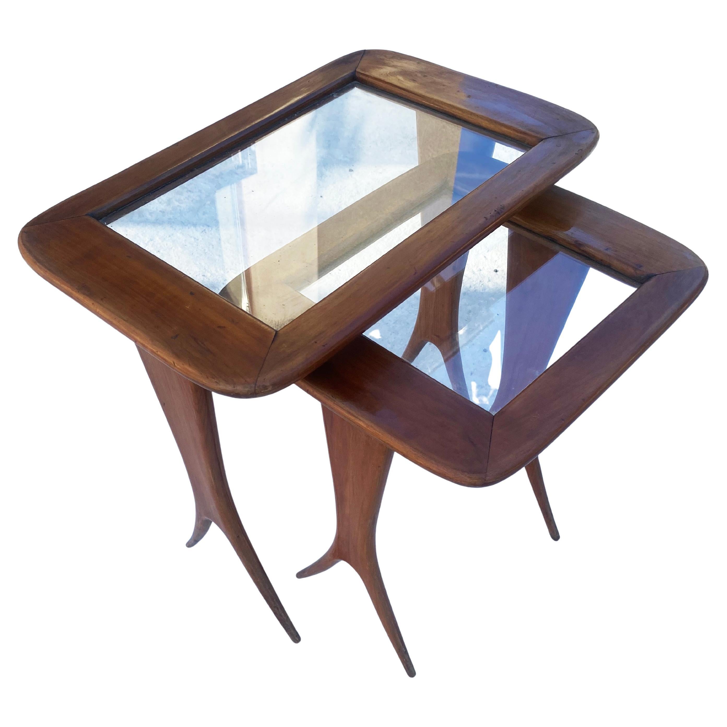 2 Gigognes coffee tables Raphael Raffel Cherry and glass 1960