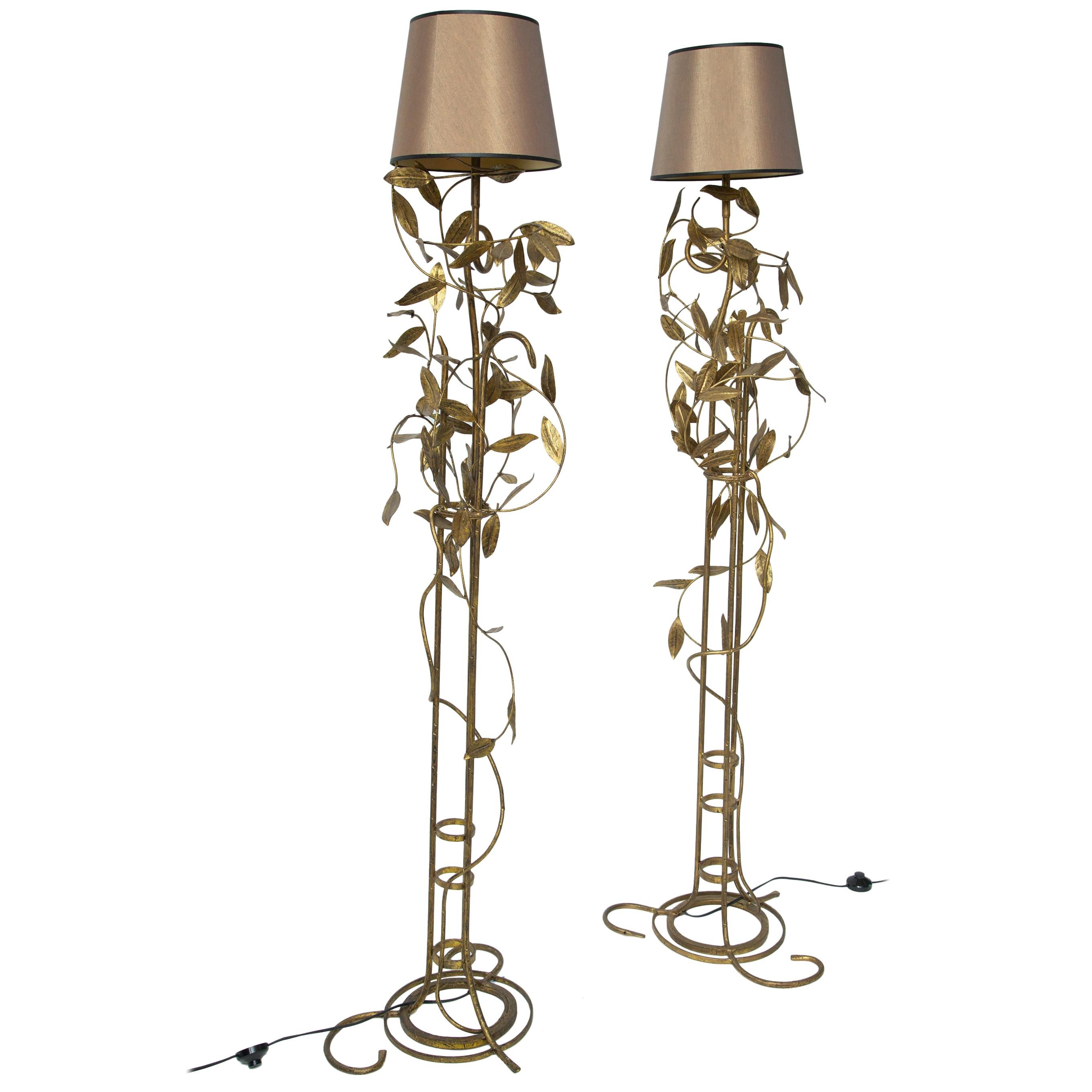 2 Gilt Surface Floor Lamps For Sale