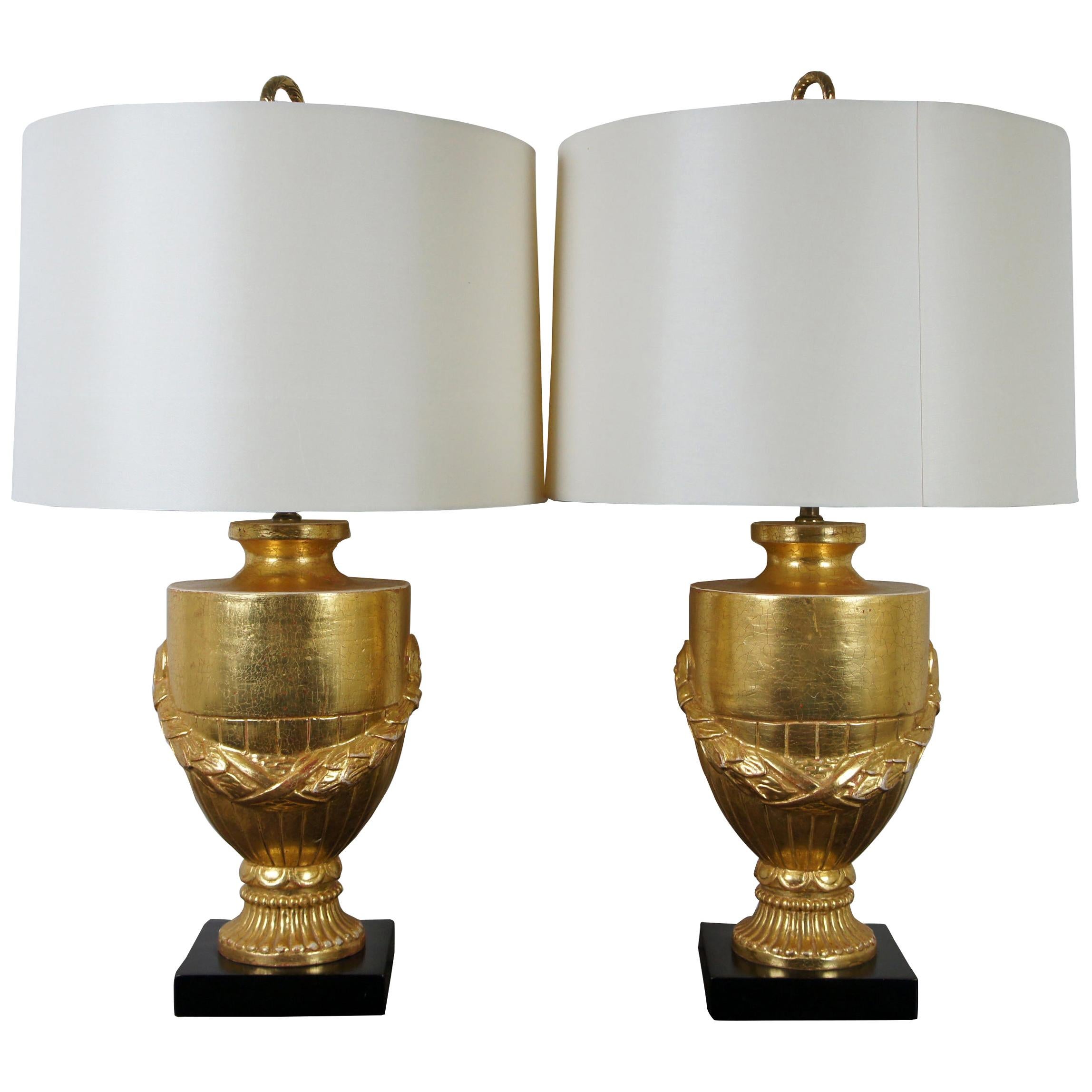 2 Gold Neoclassical Hollywood Regency Trophy Urn Table Lamps Pair Modern