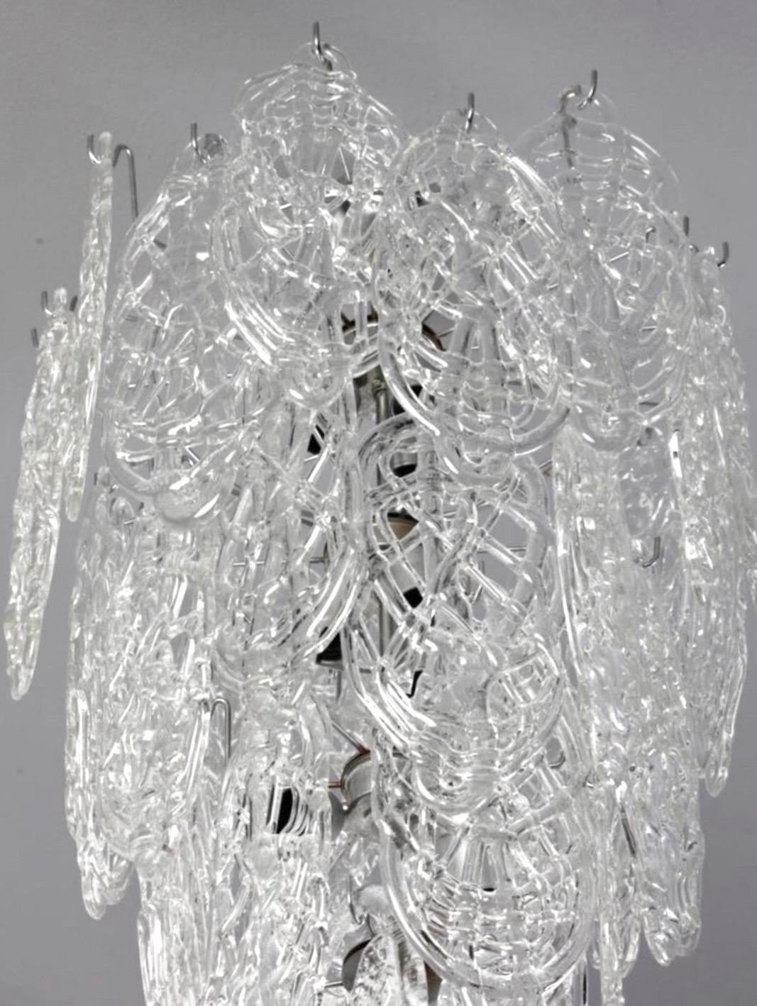 Hand-Crafted 2 Grand Italian Midcentury Modern Cascading Clear Murano Glass Chandeliers 1970  For Sale