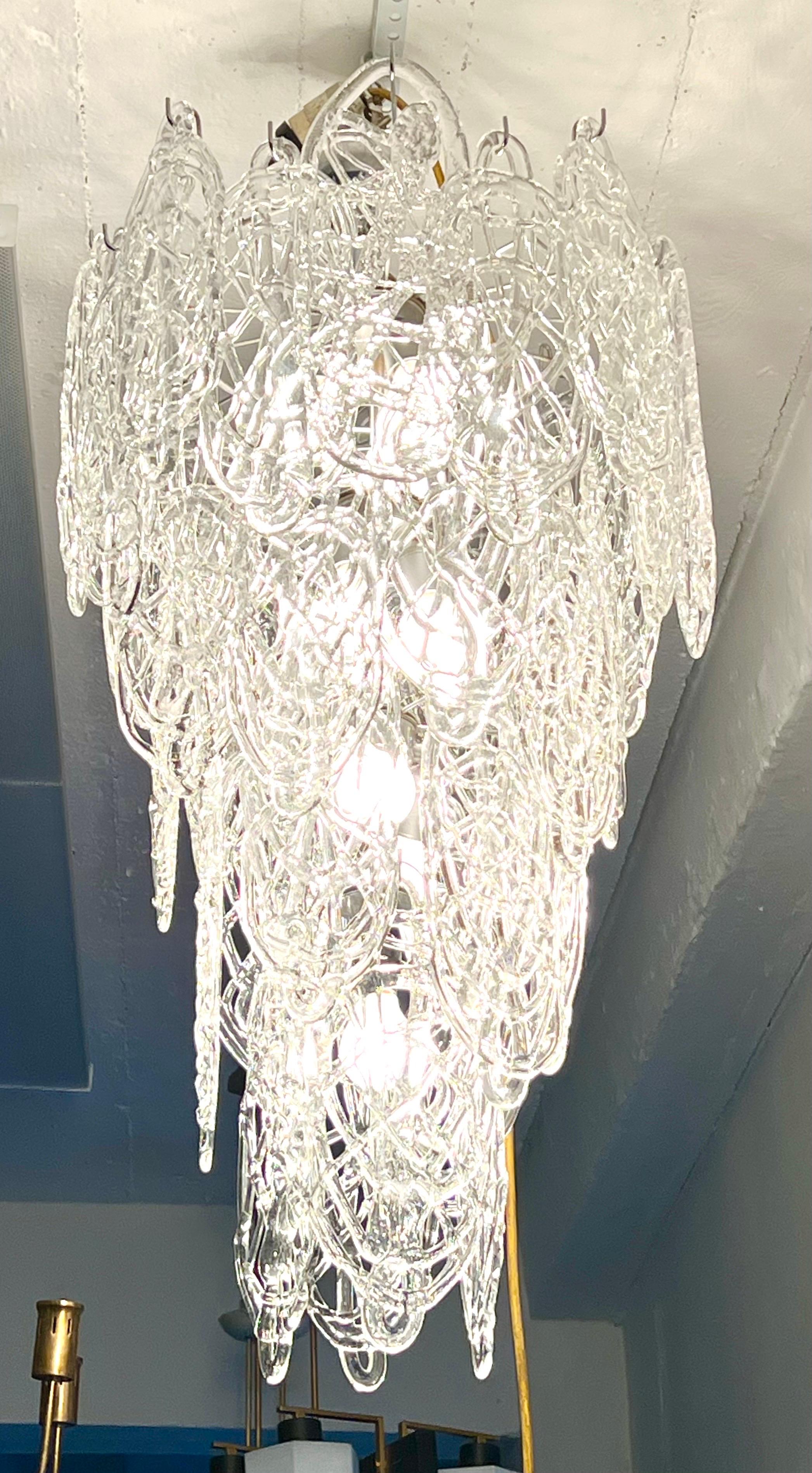 2 Grand Italian Midcentury Modern Cascading Clear Murano Glass Chandeliers 1970  For Sale 1