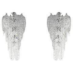 2 Grand Italian Midcentury Modern Cascading Clear Murano Glass Chandeliers 1970