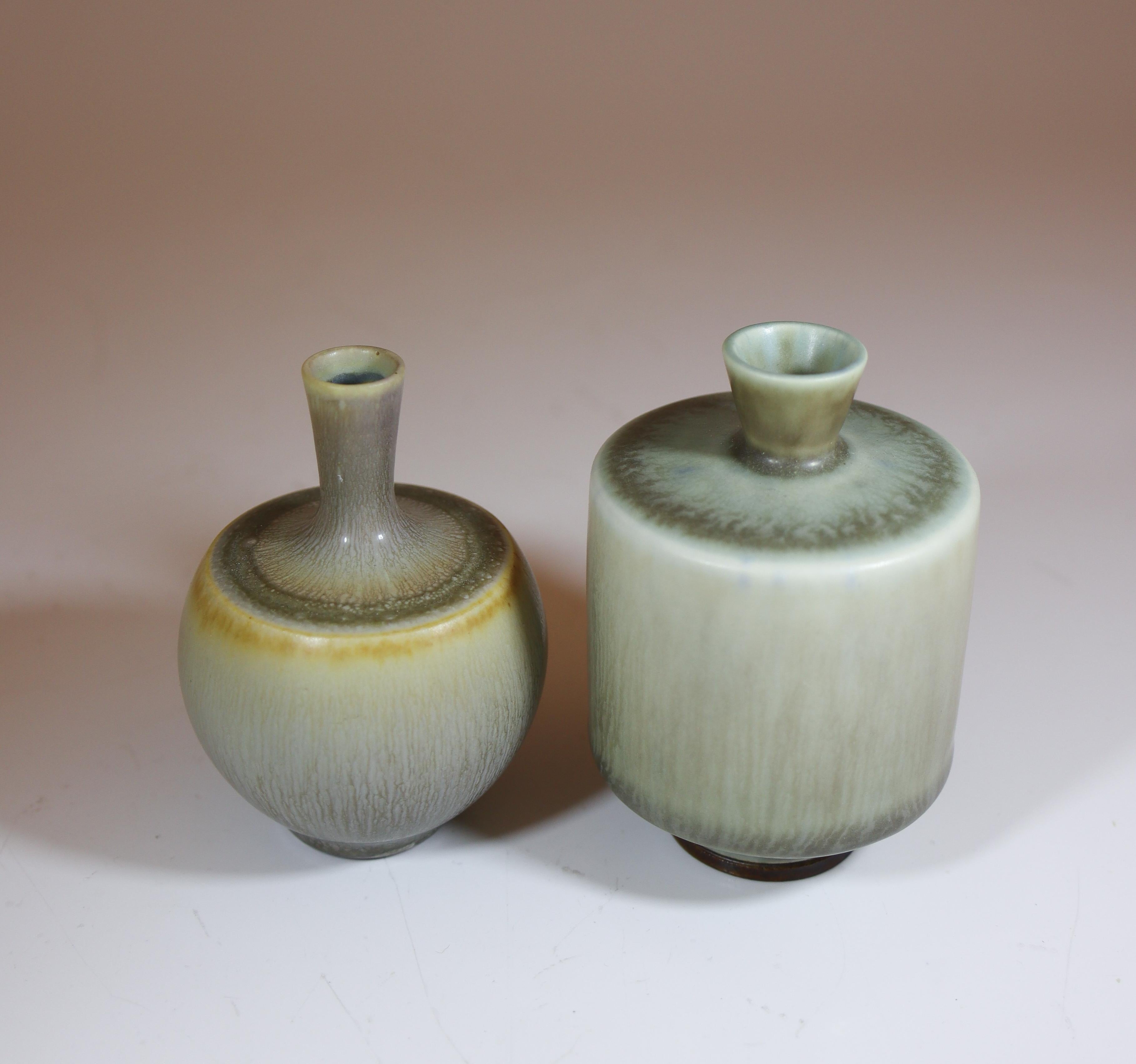 20th Century 2 Gray Stoneware Vases with Harfur Glaze Berndt Friberg Gustavsberg 1950s For Sale