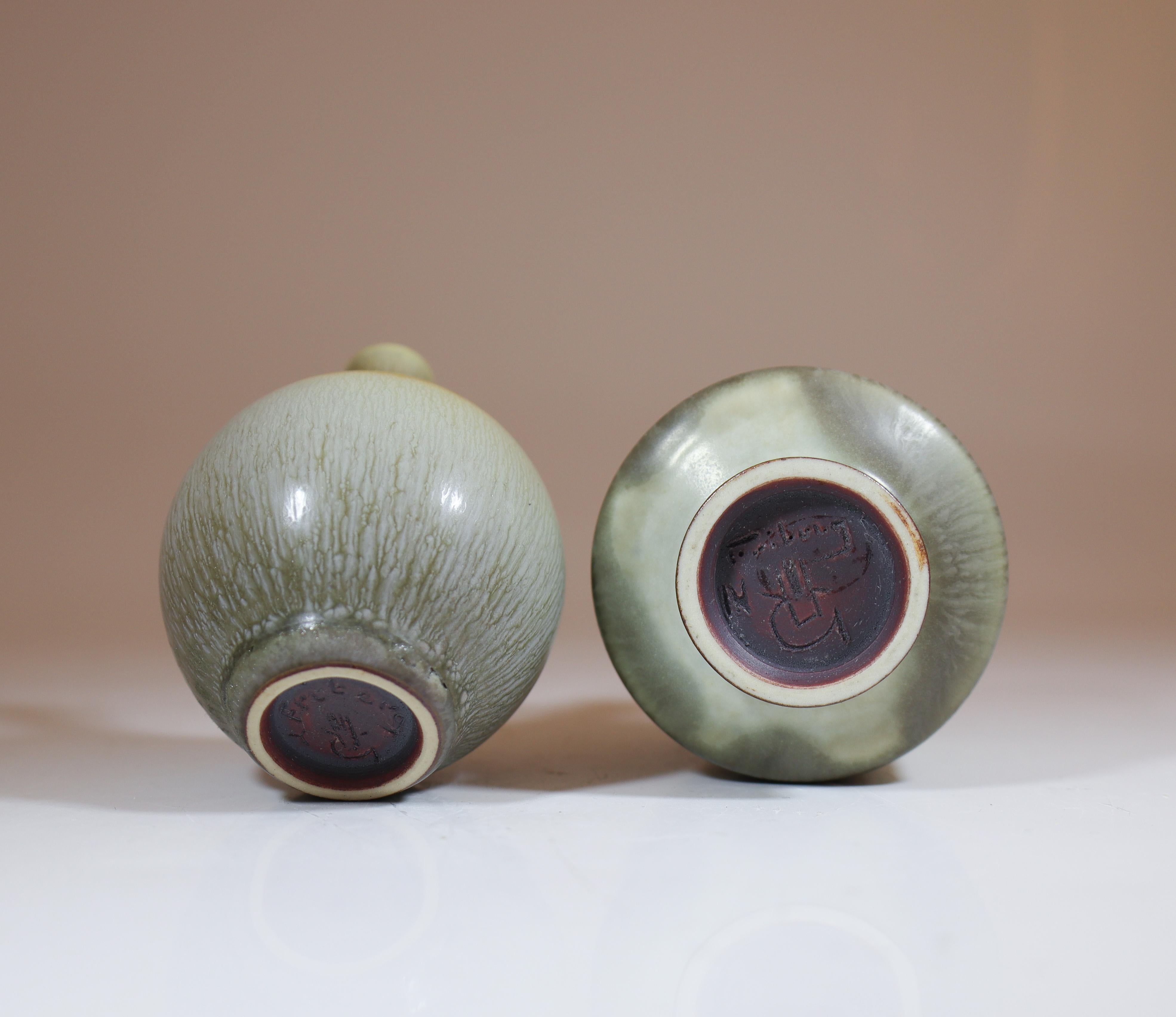 2 Gray Stoneware Vases with Harfur Glaze Berndt Friberg Gustavsberg 1950s For Sale 2
