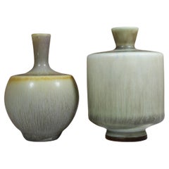 2 Gray Stoneware Vases with Harfur Glaze Berndt Friberg Gustavsberg 1950s