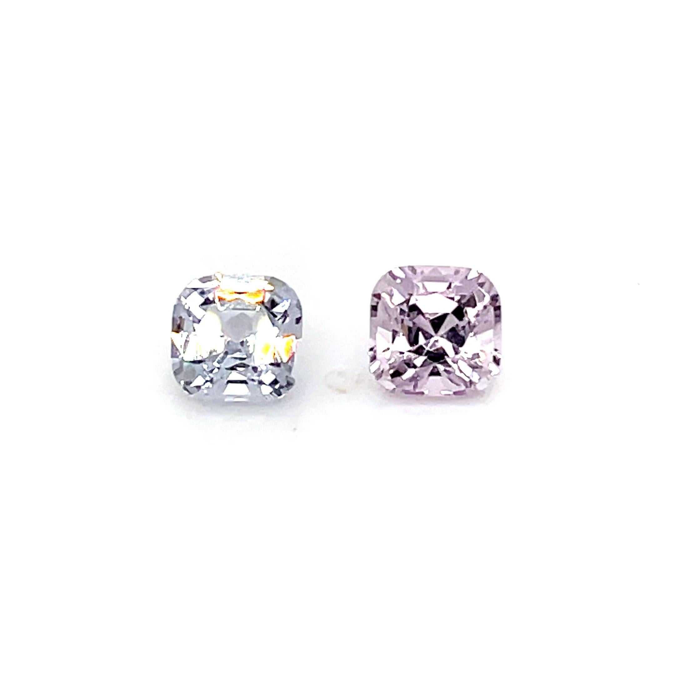 Radiating a delicate yet captivating beauty that makes them stand out with their distinct blend of greyish-pink tones. 

The combined weight of these stunning two grayish pink spinel gems is 2.73 carats.

Their outstanding color and well-cut design,