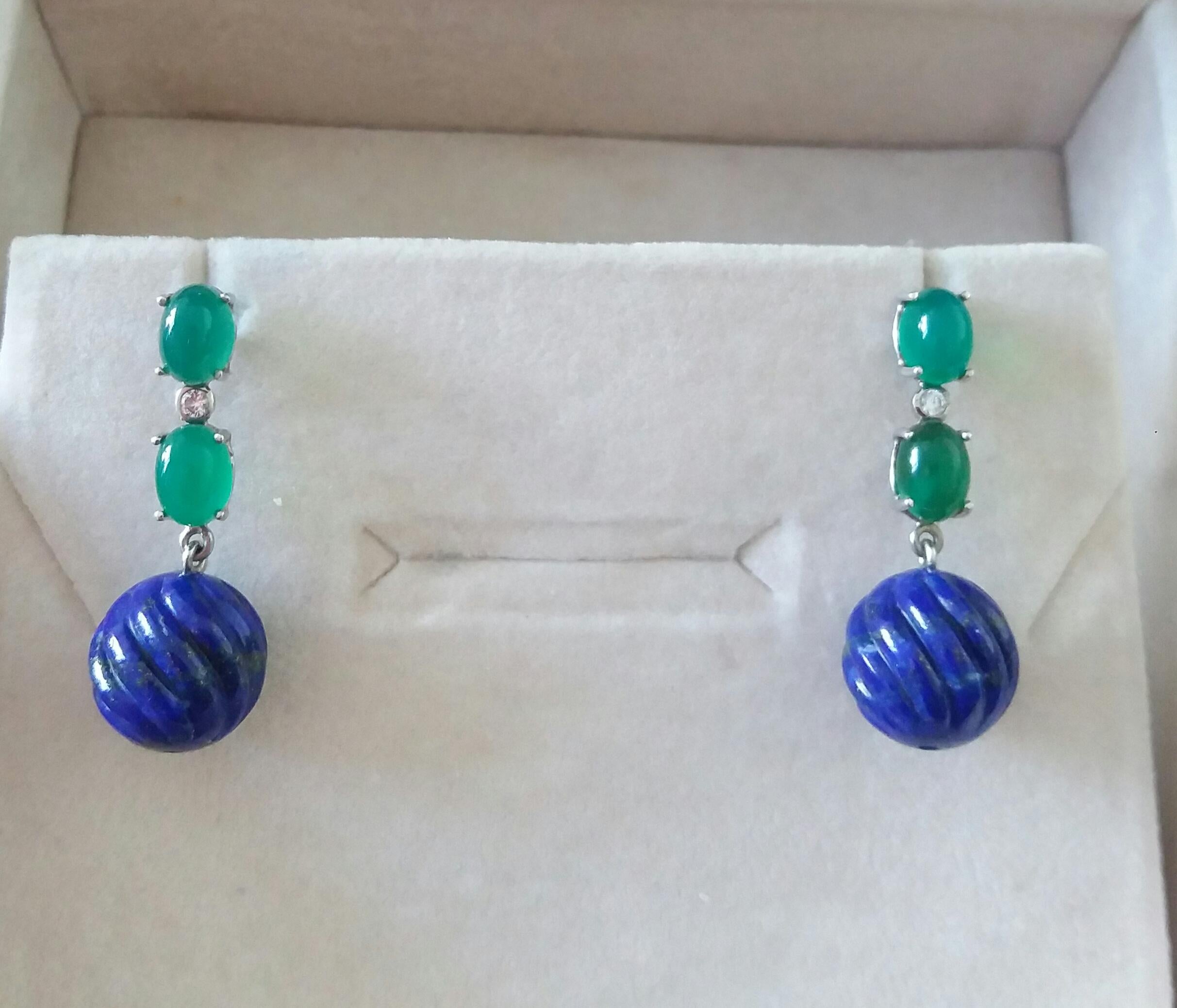2 Green Onyx Oval Cabs Gold Diamonds Carved Lapis Lazuli Beads Dangle Earrings For Sale 4