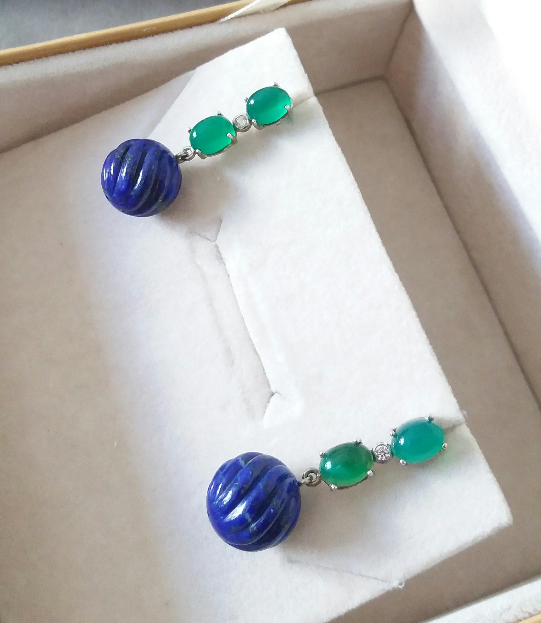 2 Green Onyx Oval Cabs Gold Diamonds Carved Lapis Lazuli Beads Dangle Earrings For Sale 5
