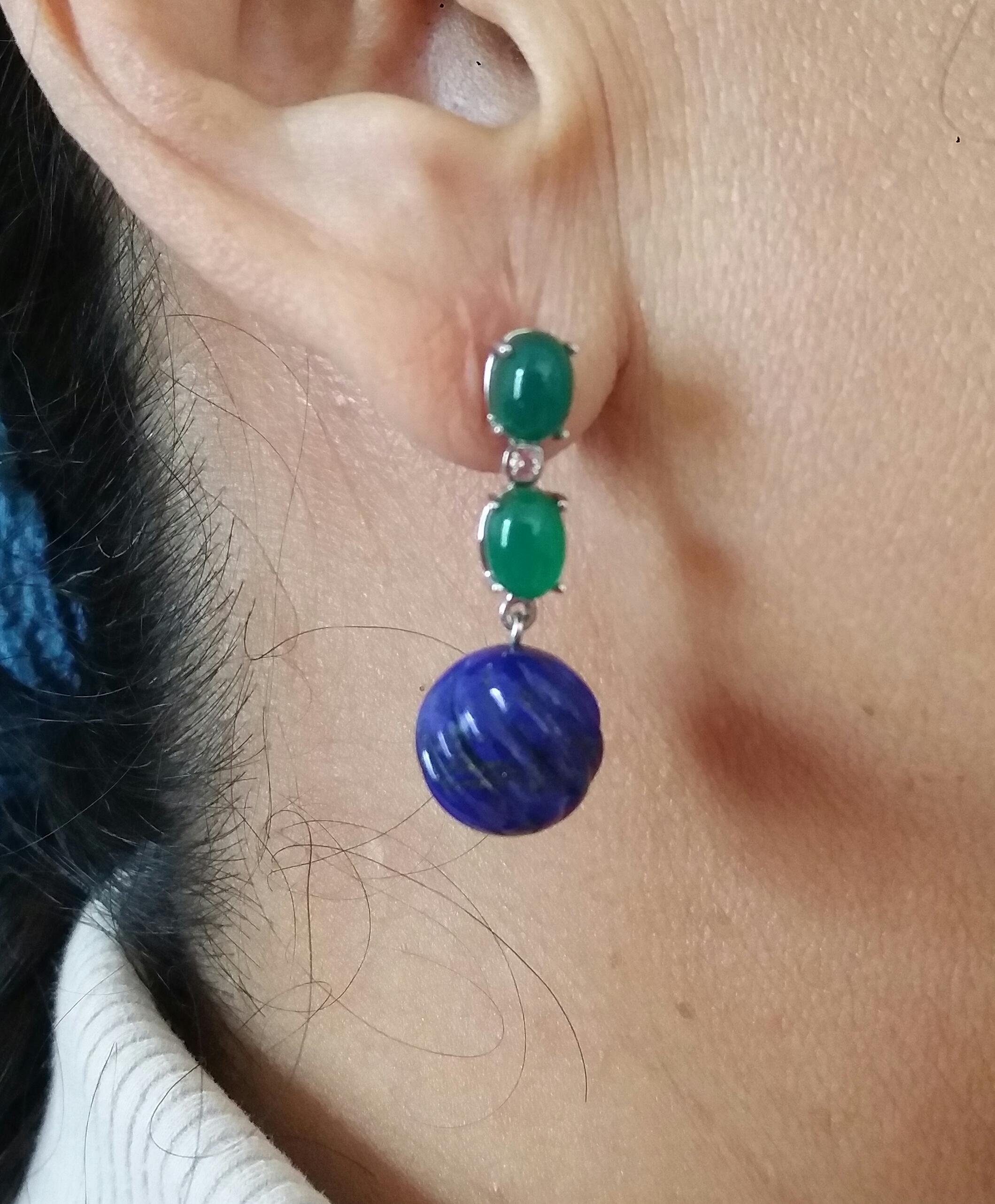 2 Green Onyx Oval Cabs Gold Diamonds Carved Lapis Lazuli Beads Dangle Earrings For Sale 6