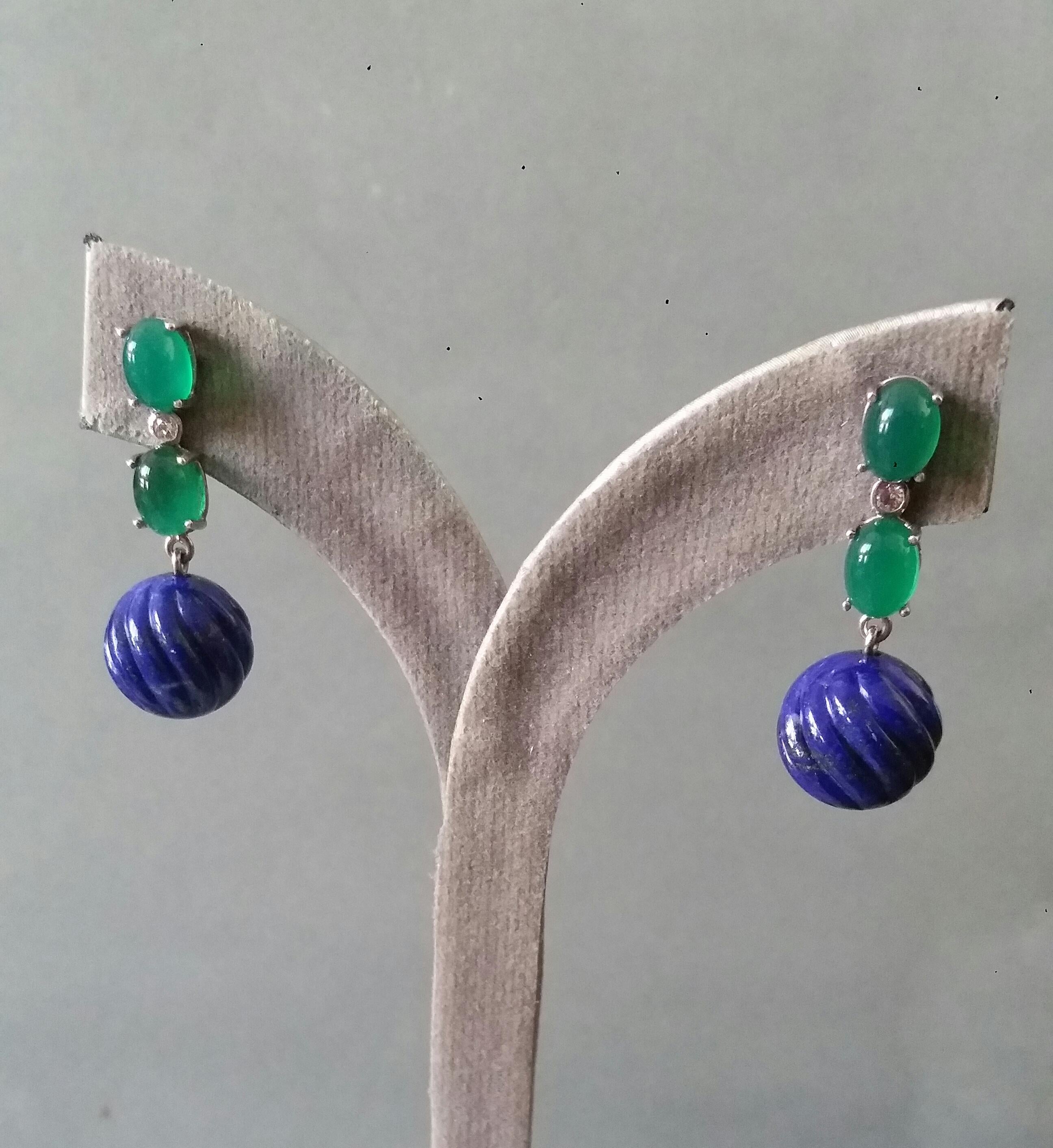 2 Green Onyx Oval Cabs Gold Diamonds Carved Lapis Lazuli Beads Dangle Earrings For Sale 7