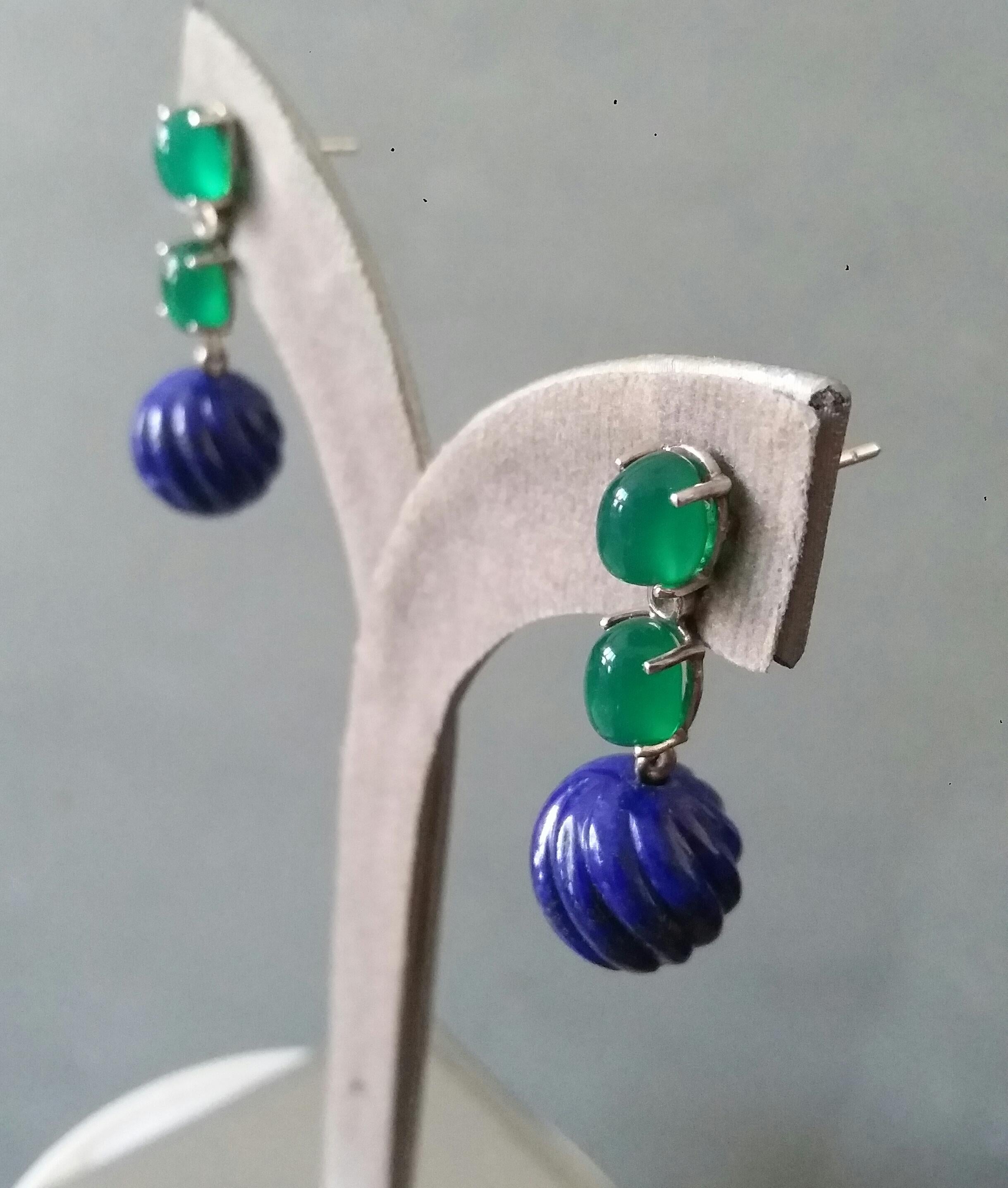 2 Green Onyx Oval Cabs Gold Diamonds Carved Lapis Lazuli Beads Dangle Earrings For Sale 8