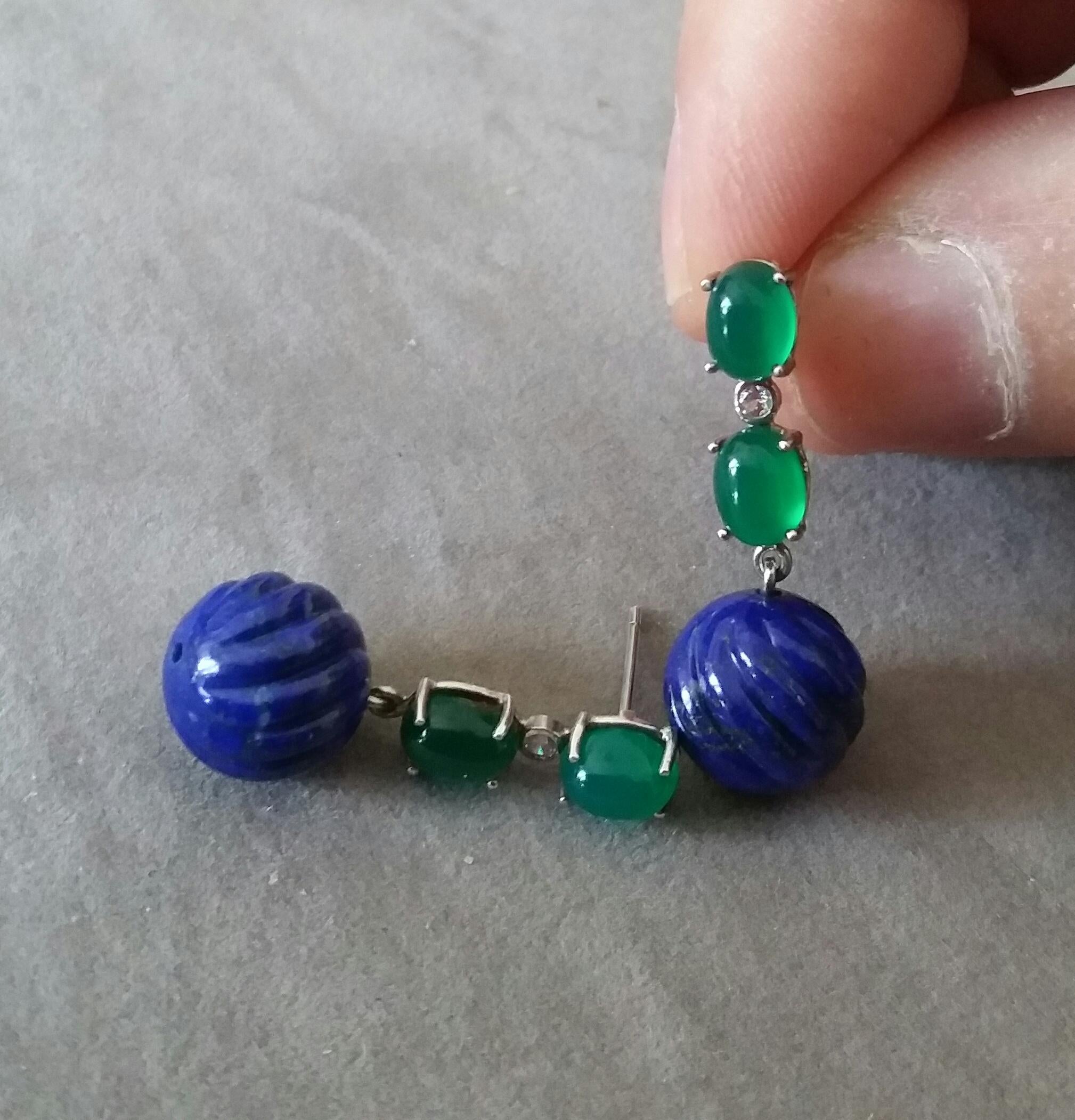 Arts and Crafts 2 Green Onyx Oval Cabs Gold Diamonds Carved Lapis Lazuli Beads Dangle Earrings For Sale