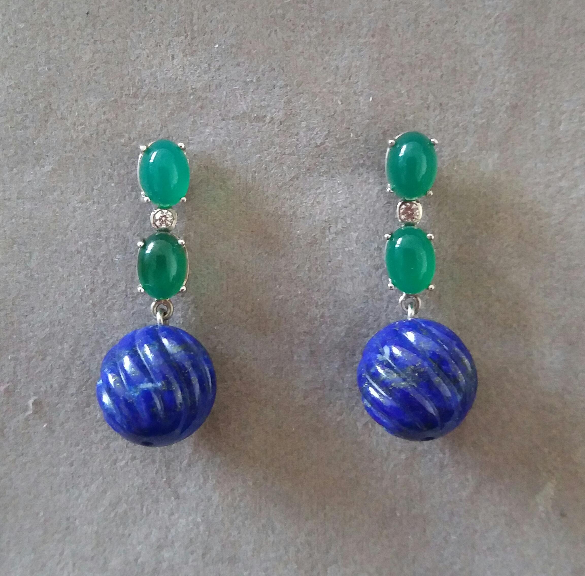 Mixed Cut 2 Green Onyx Oval Cabs Gold Diamonds Carved Lapis Lazuli Beads Dangle Earrings For Sale