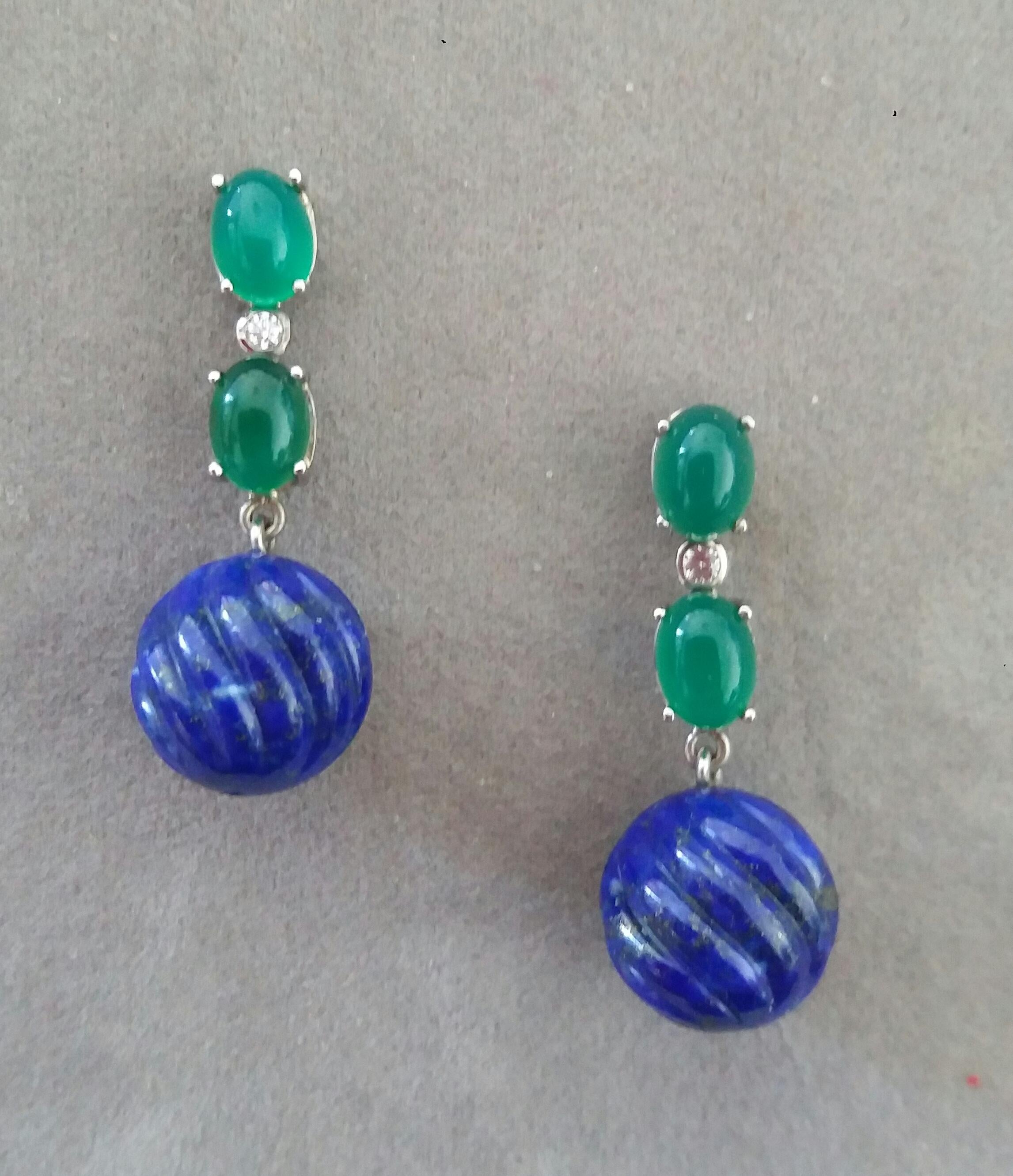 Women's 2 Green Onyx Oval Cabs Gold Diamonds Carved Lapis Lazuli Beads Dangle Earrings For Sale
