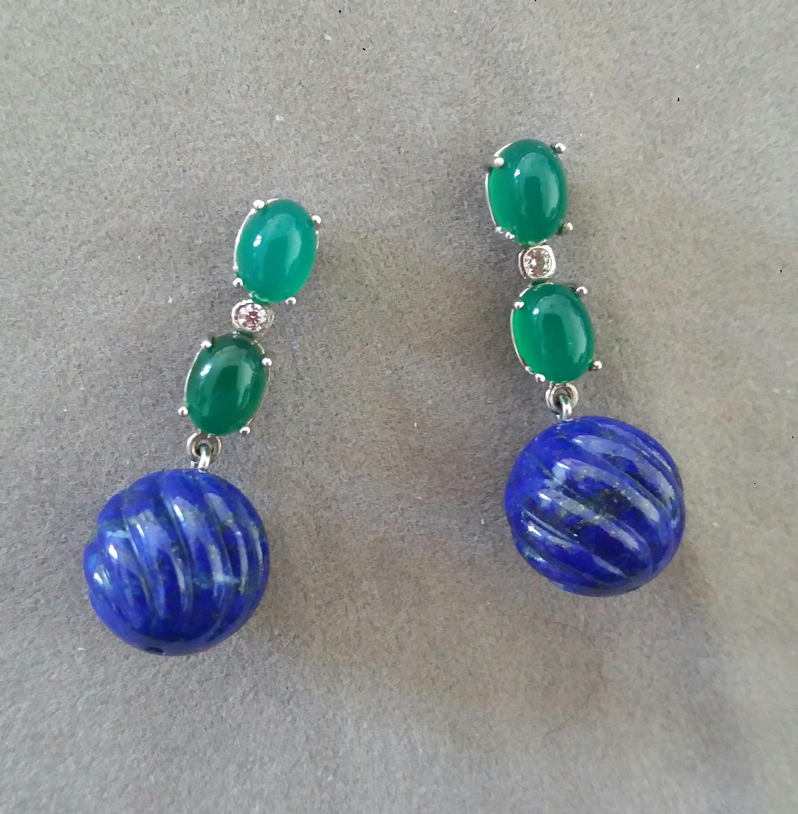 2 Green Onyx Oval Cabs Gold Diamonds Carved Lapis Lazuli Beads Dangle Earrings For Sale 1