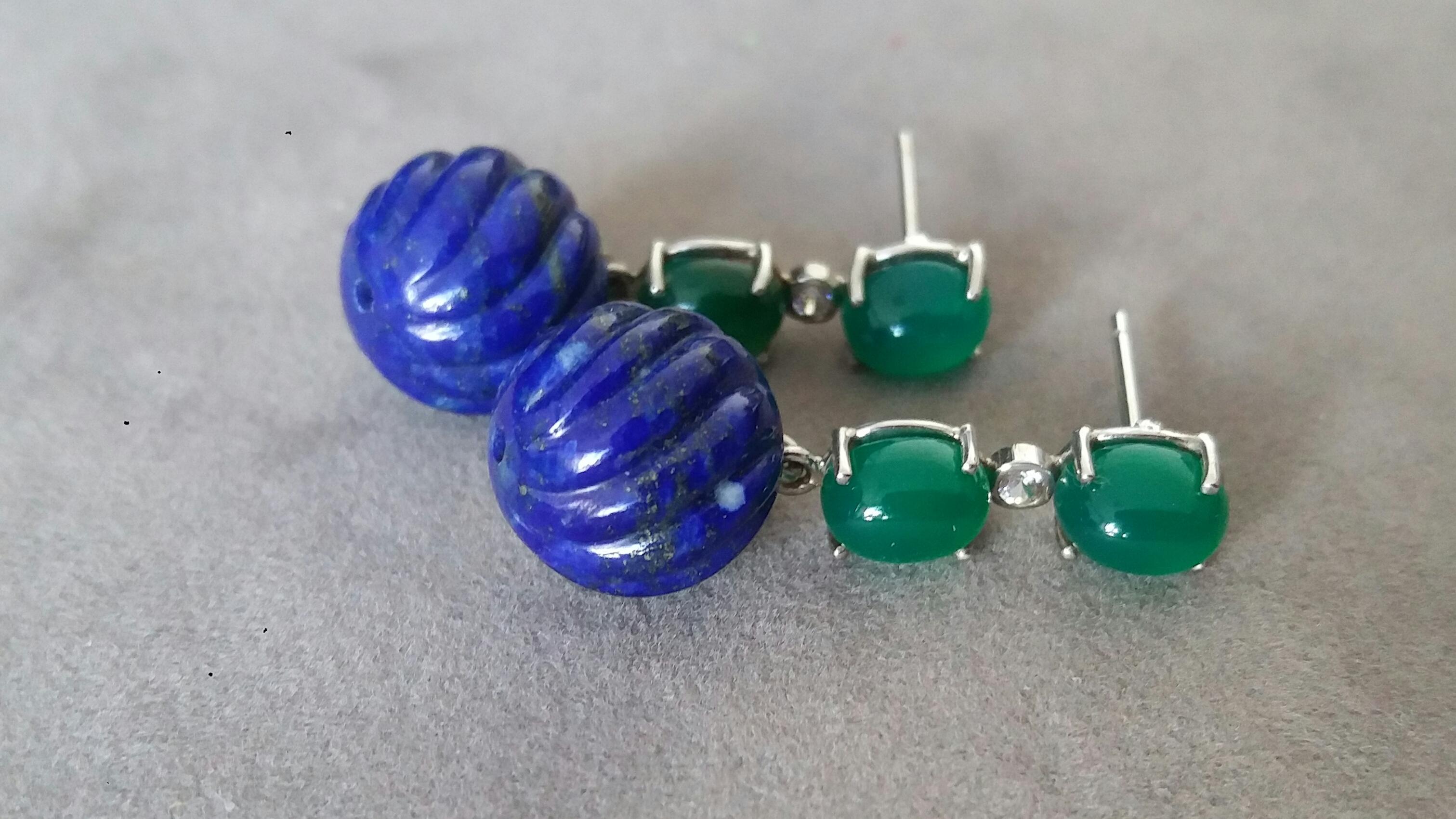 2 Green Onyx Oval Cabs Gold Diamonds Carved Lapis Lazuli Beads Dangle Earrings For Sale 2