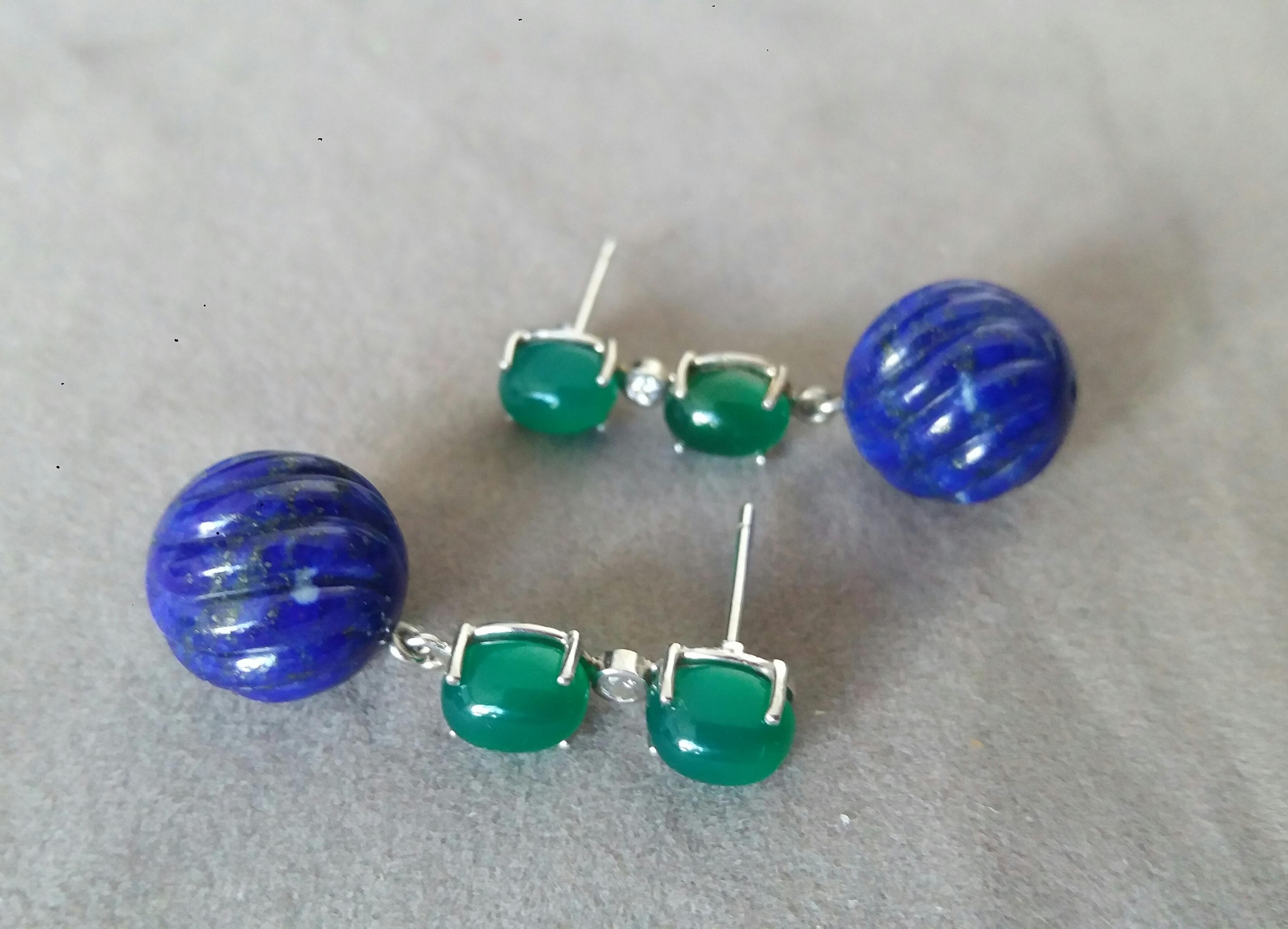 2 Green Onyx Oval Cabs Gold Diamonds Carved Lapis Lazuli Beads Dangle Earrings For Sale 3