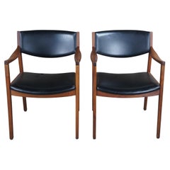 Retro 2 Gunlocke After Risom Mid Century Modern Danish Walnut & Leather Arms Chairs 