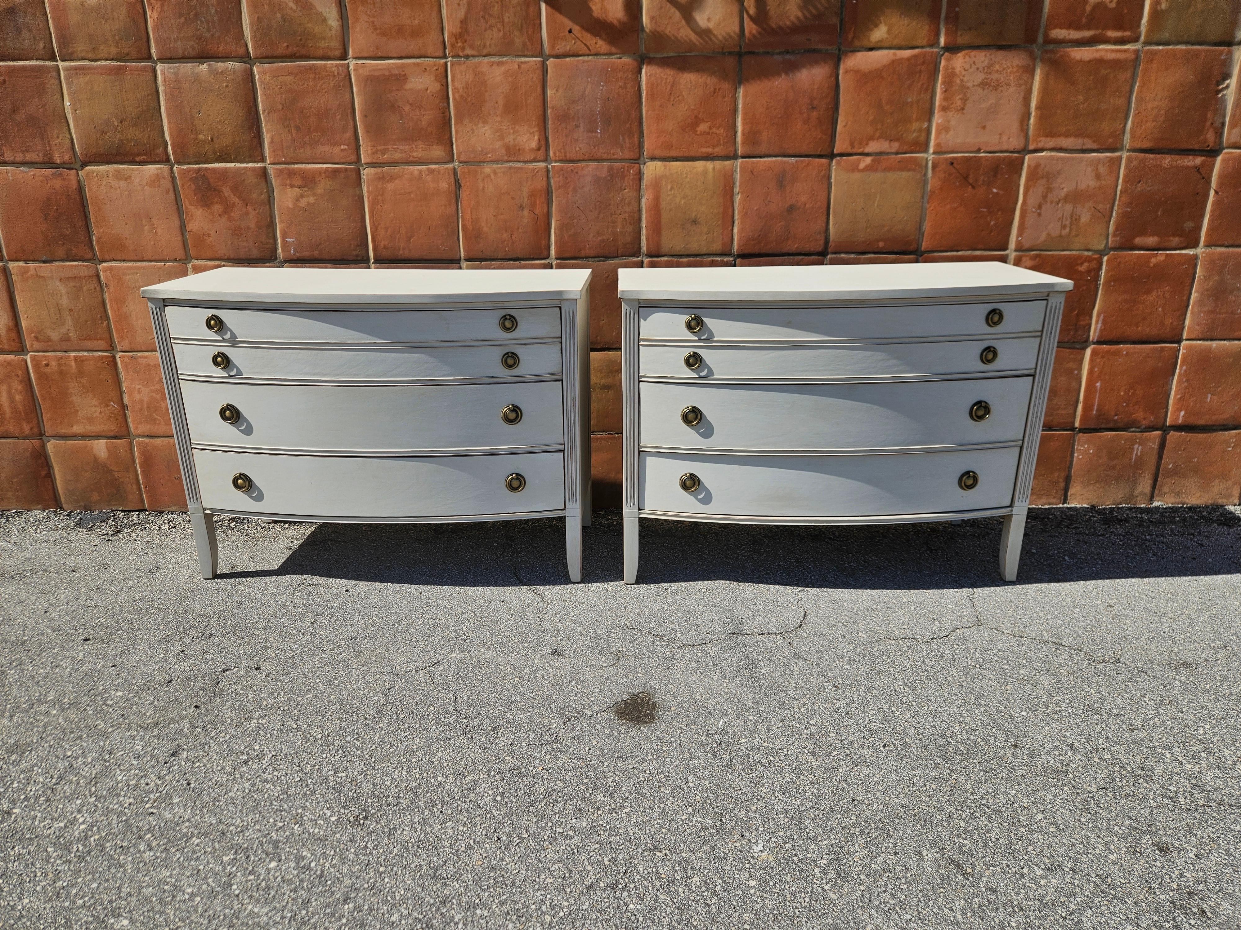 This is an unusual set of 2 Gustavian Style 3 Drawer Chest Of Drawers. They have been restored and repainted with Milk Paints 